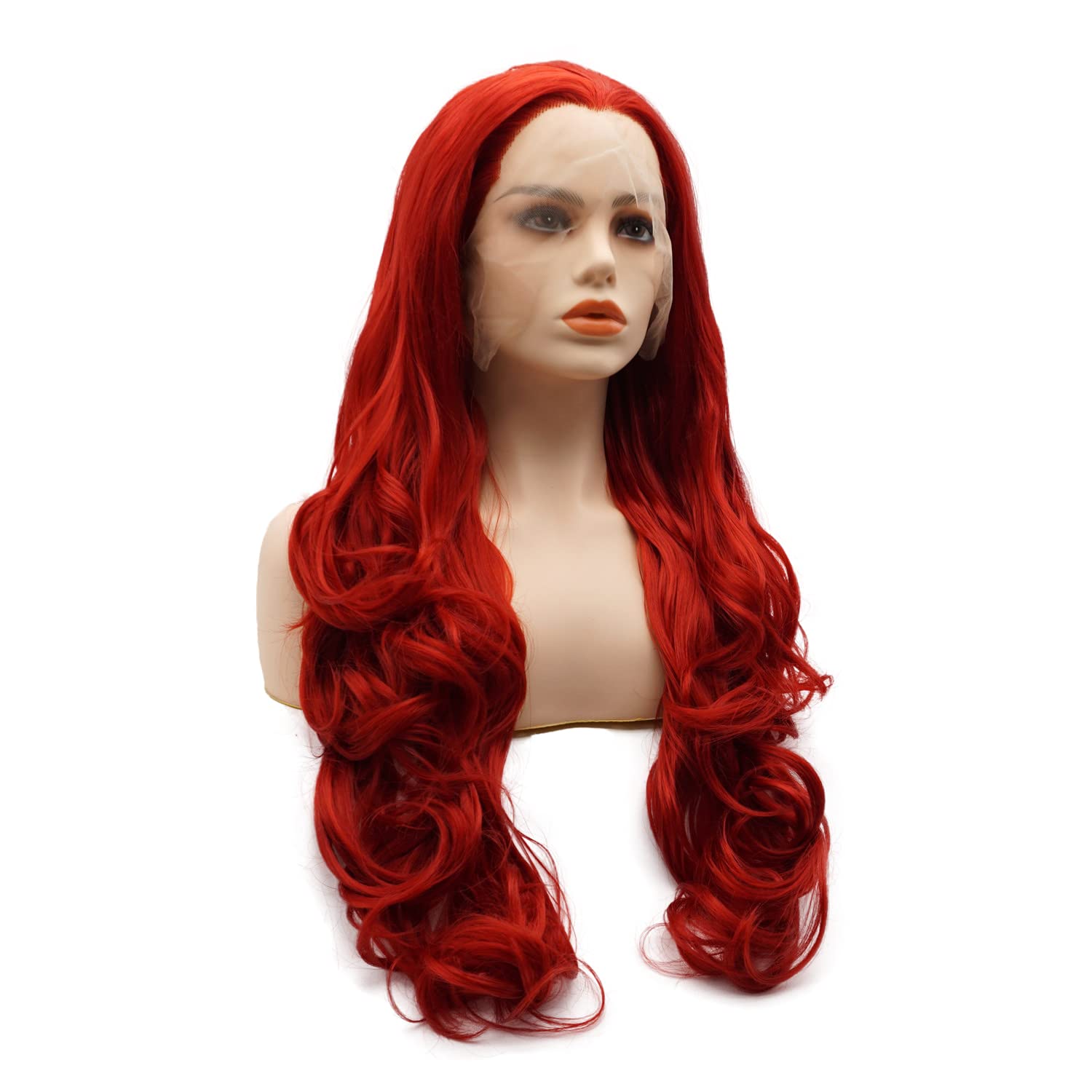 26 Inch Long Wavy Red Synthetic Lace Front Wig - Heat Resistant, Heavy Density, Natural Looking Hairpiece for Cosplay, Halloween & Daily Wear