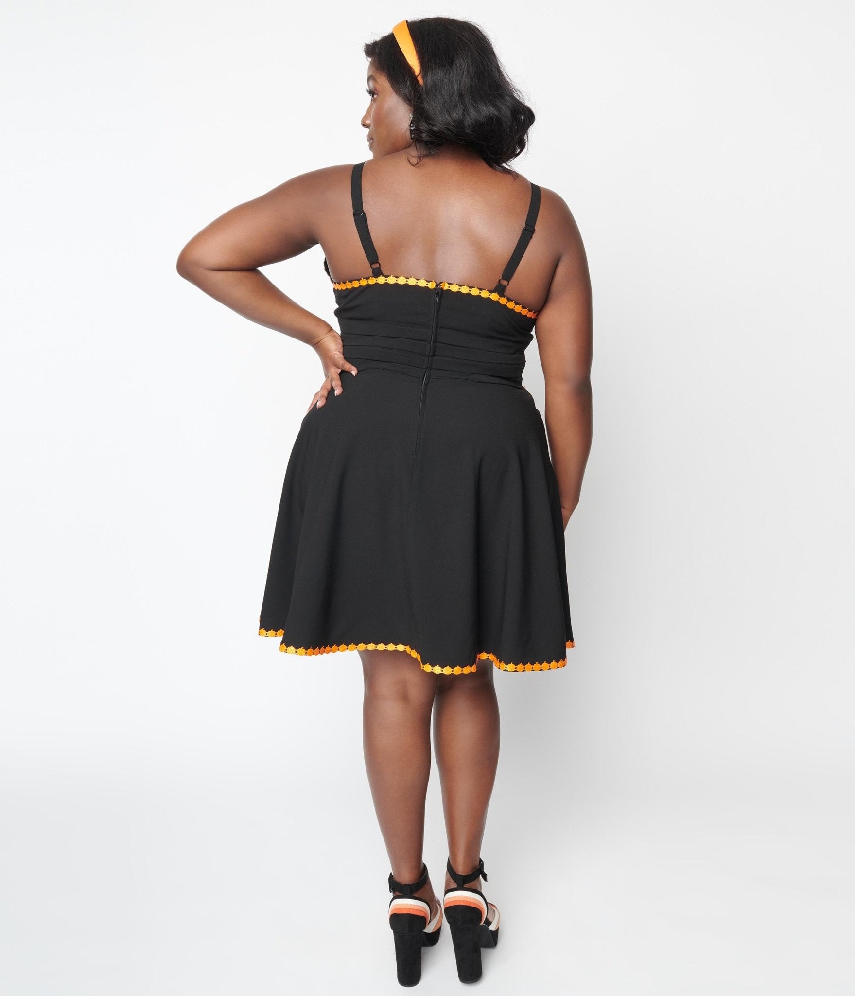 Vintage Black & Pumpkin Trim Fit & Flare Dress - Follow Your Heart Style - Perfect for Fall Parties, Halloween & Retro-Themed Events