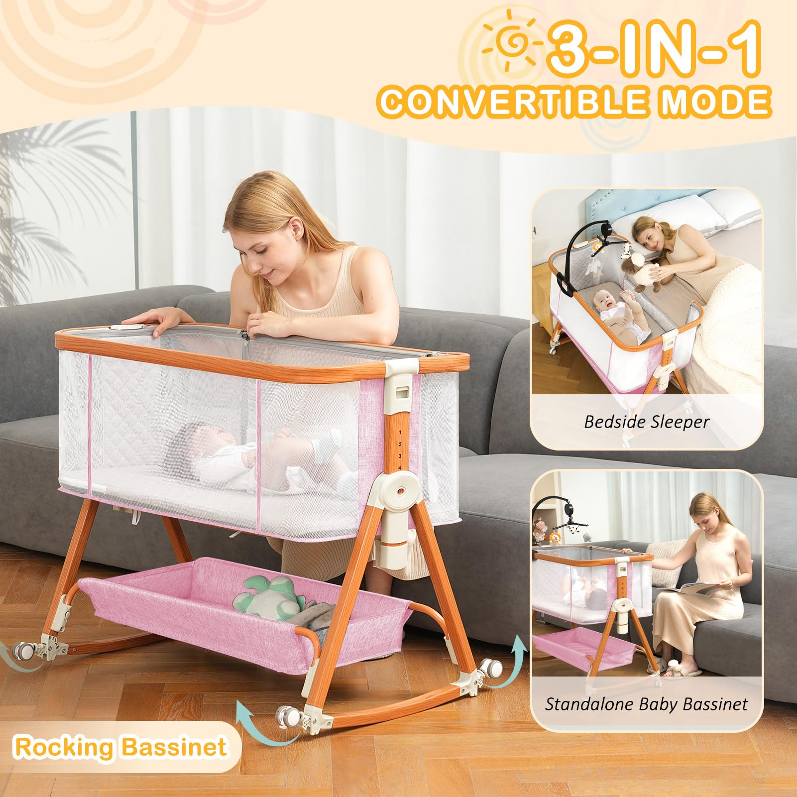 3-in-1 Adjustable Baby Bassinet Bedside Sleeper with Musical Toy & Storage Basket - Portable Crib with 4-Sided Mesh & Wheels for Newborns 0-6 Months (Pink) - Perfect for Nursery, Bedroom & Travel Use