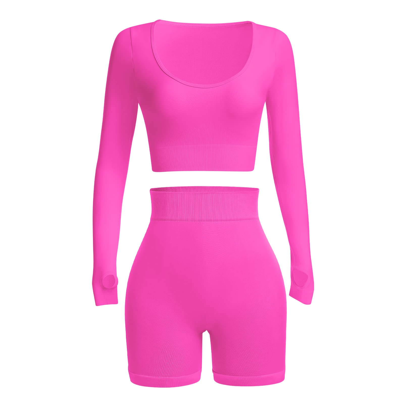 Women's 2-Piece Seamless Yoga Set - Long Sleeve Scoop Neck Crop Top & High Waist Shorts for Workout, Gym & Activewear | Perfect for Yoga, Pilates & Fitness Training
