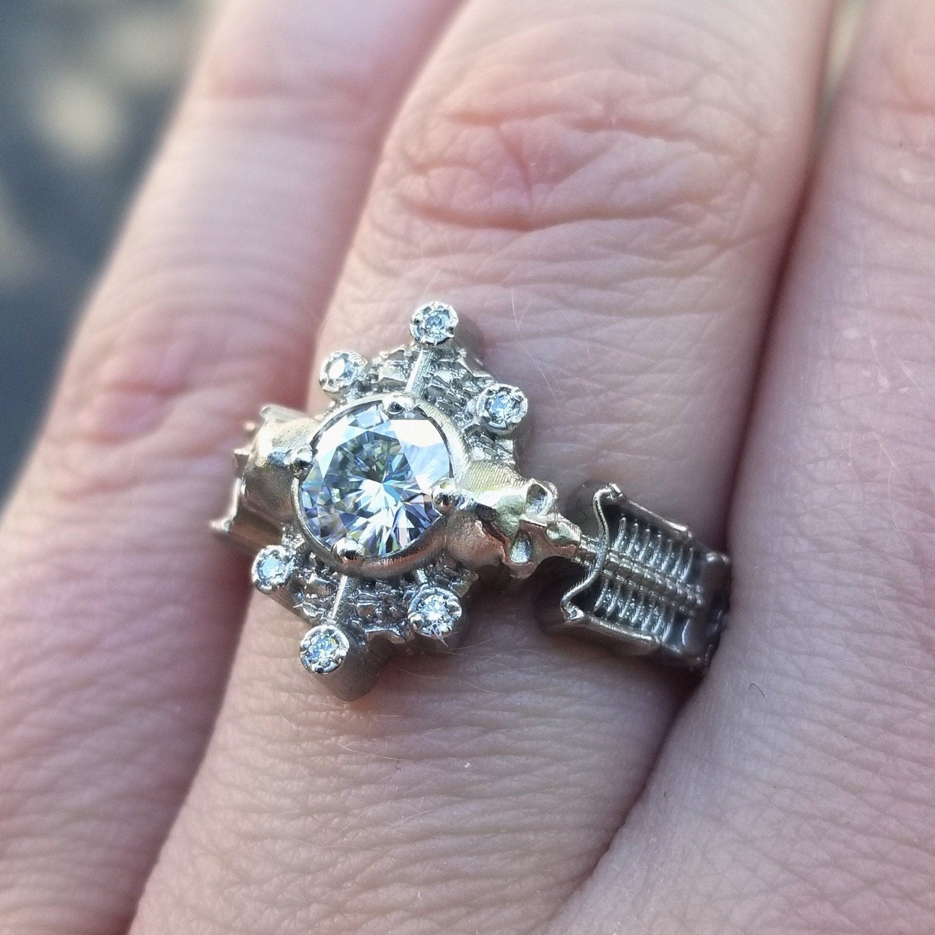 Skeleton Catacomb Ring with Moissanite & Diamond Pebble Halo in 14k Palladium White Gold | Gothic Jewelry for Women, Halloween Accessory, Unique Statement Ring for Parties & Special Occasions