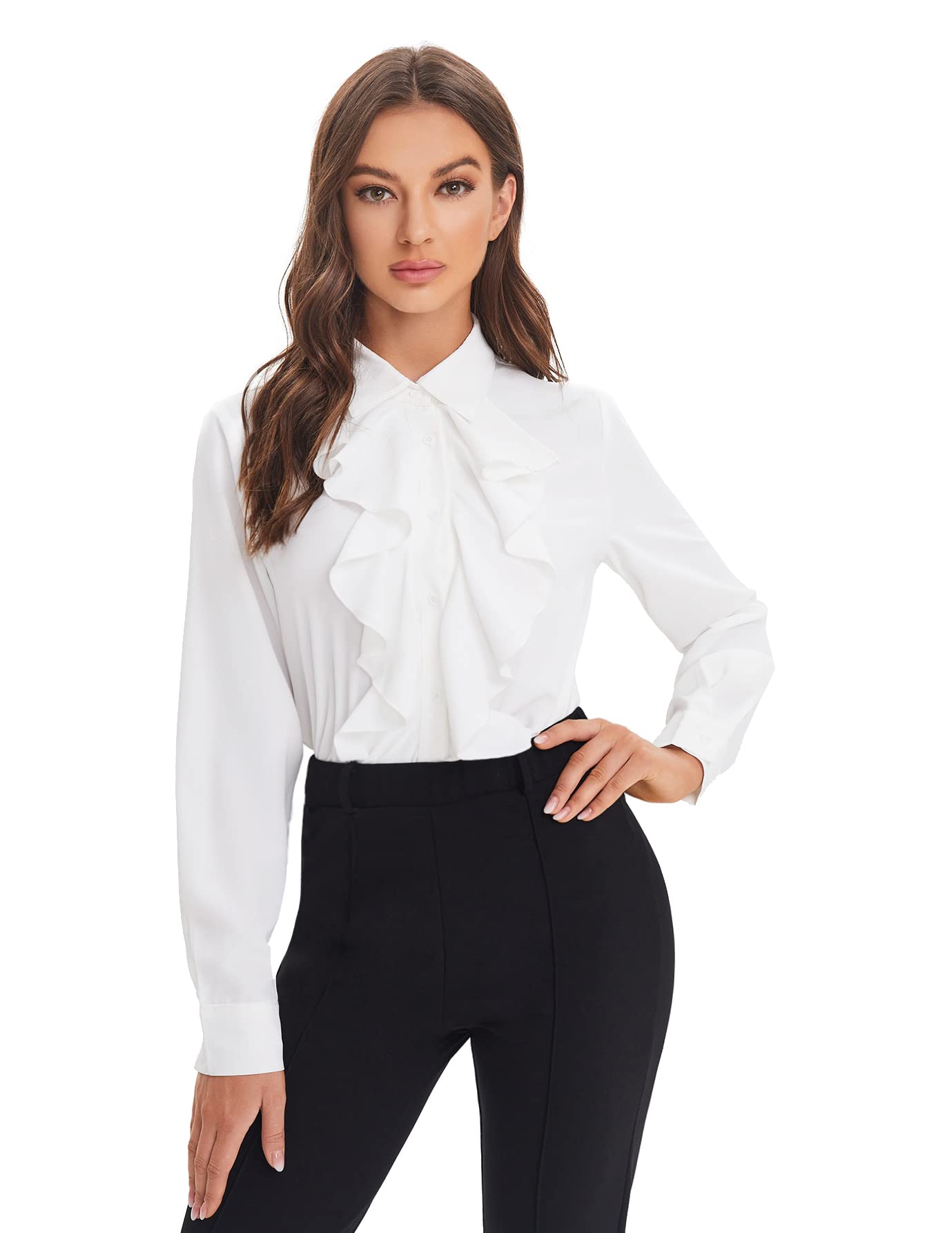 SheIn Women's Long Sleeve Button Down Lotus Ruffled Work Shirt - Chiffon Blouse Tops for Office, Business Casual & Formal Occasions