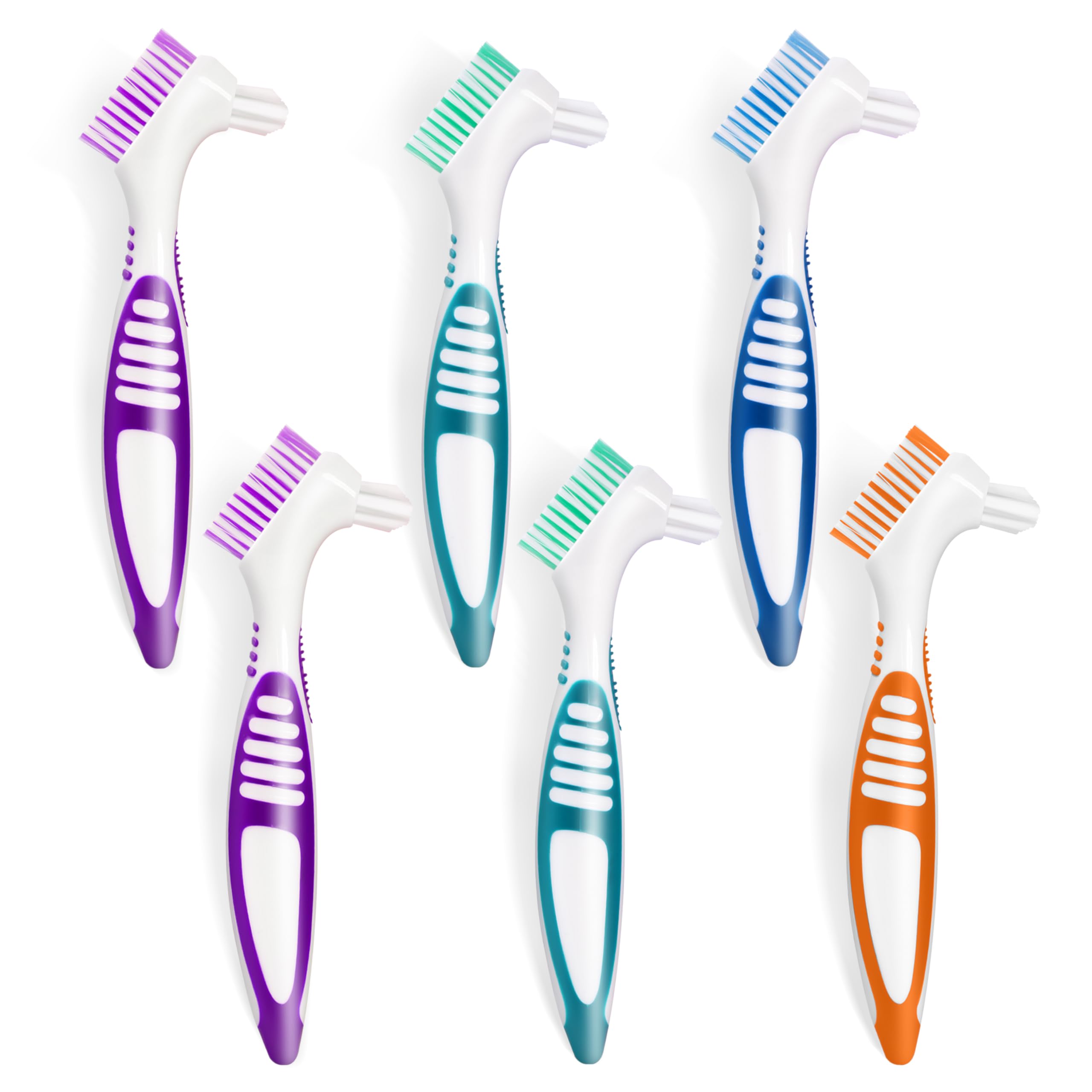 6 Pcs Denture Brush Set for False Teeth Cleaning - Double Sided Design with Multi-Layered Soft Bristles & Anti-Slip Rubber Handle (4 Colors) - Perfect for Denture Care at Home or Travel