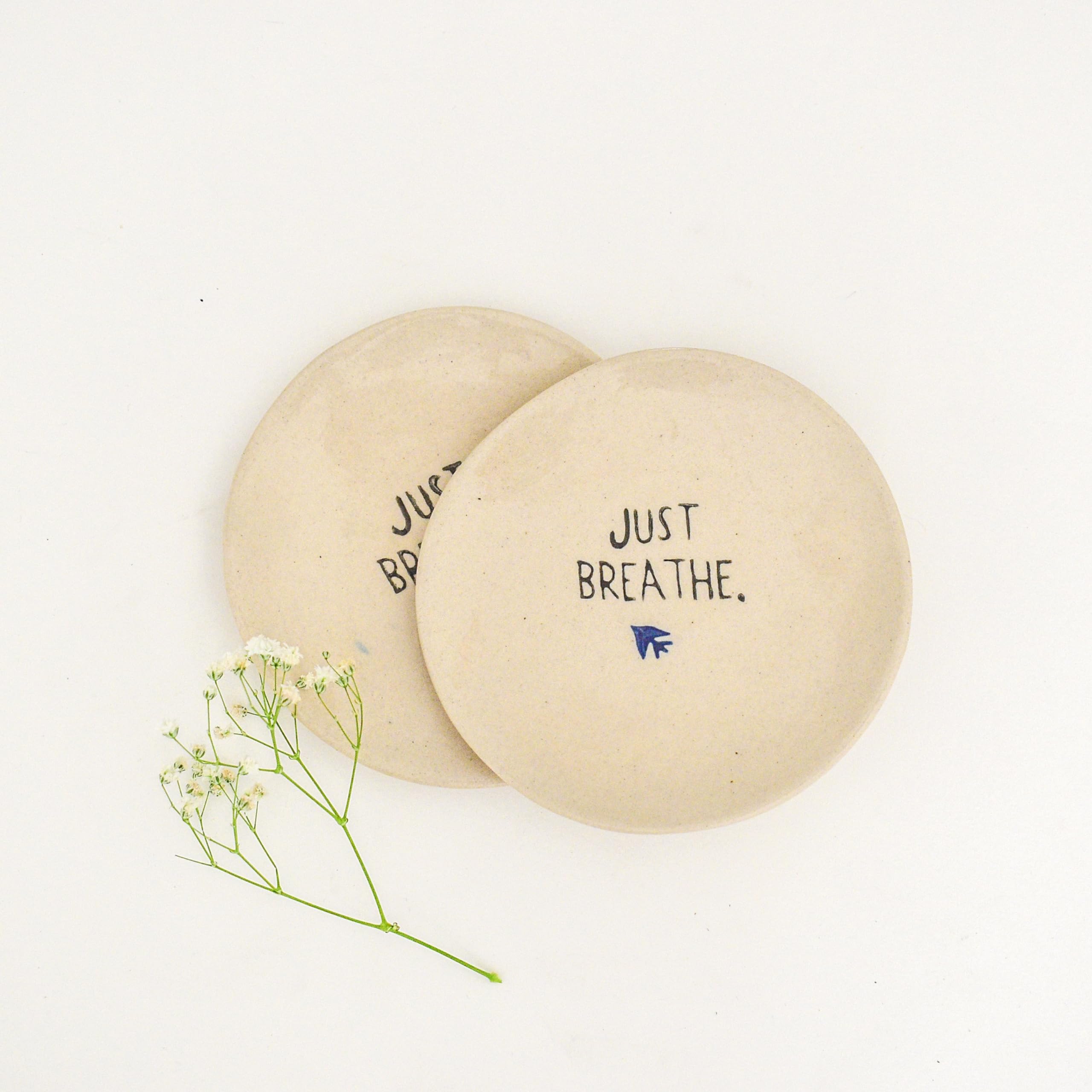 Handmade Ceramic Coasters Set of 2 - Durable Tea Cup Coasters for Dining Table Decor - Just Breathe Design - Perfect for Coffee Tables, Office Desks & Home Decor Accessories