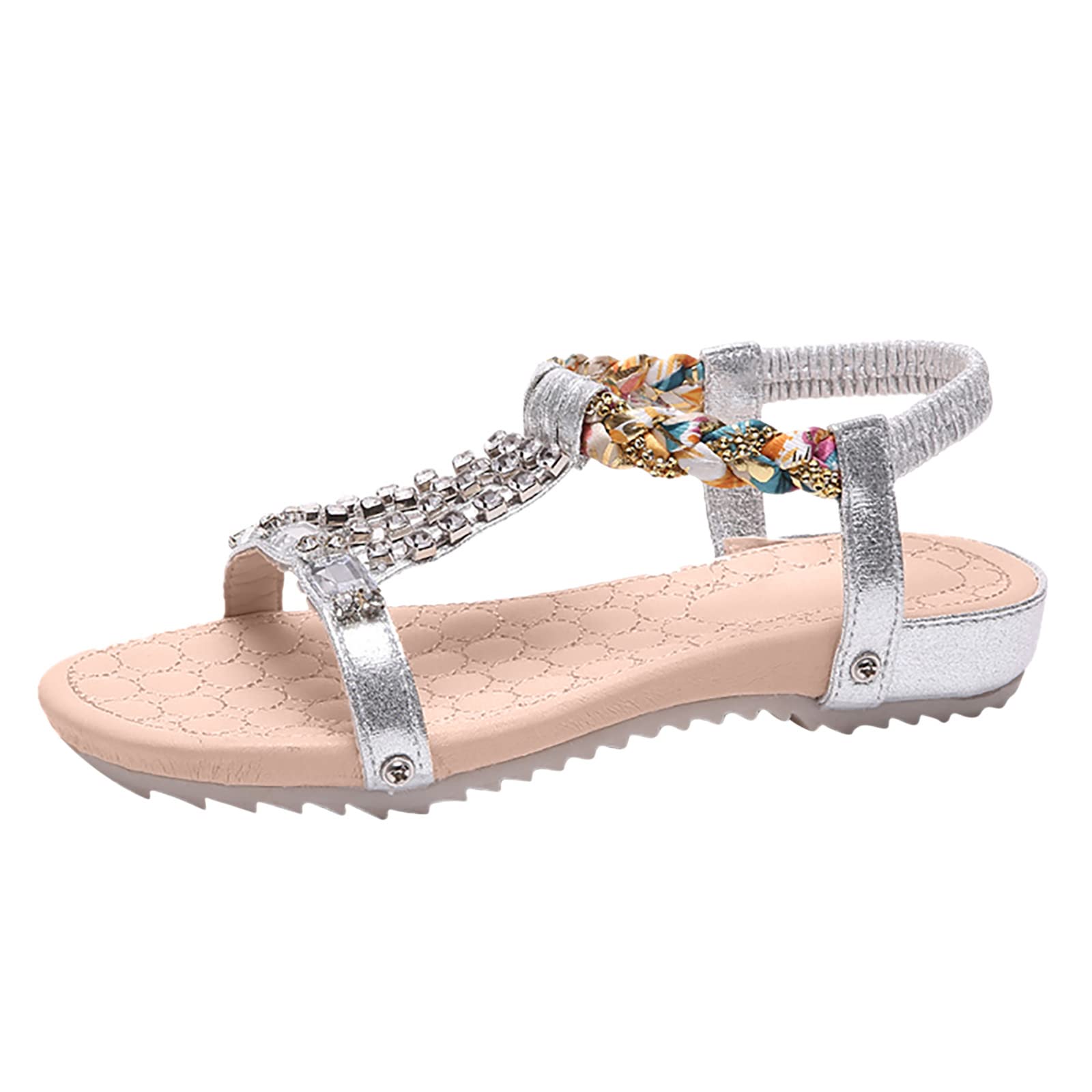 Women's Glitter Rhinestone Ankle Strap Sandals - Bohemian Elastic Casual Thong Beach Shoes for Summer Vacation, Pool Party & Outdoor Weddings