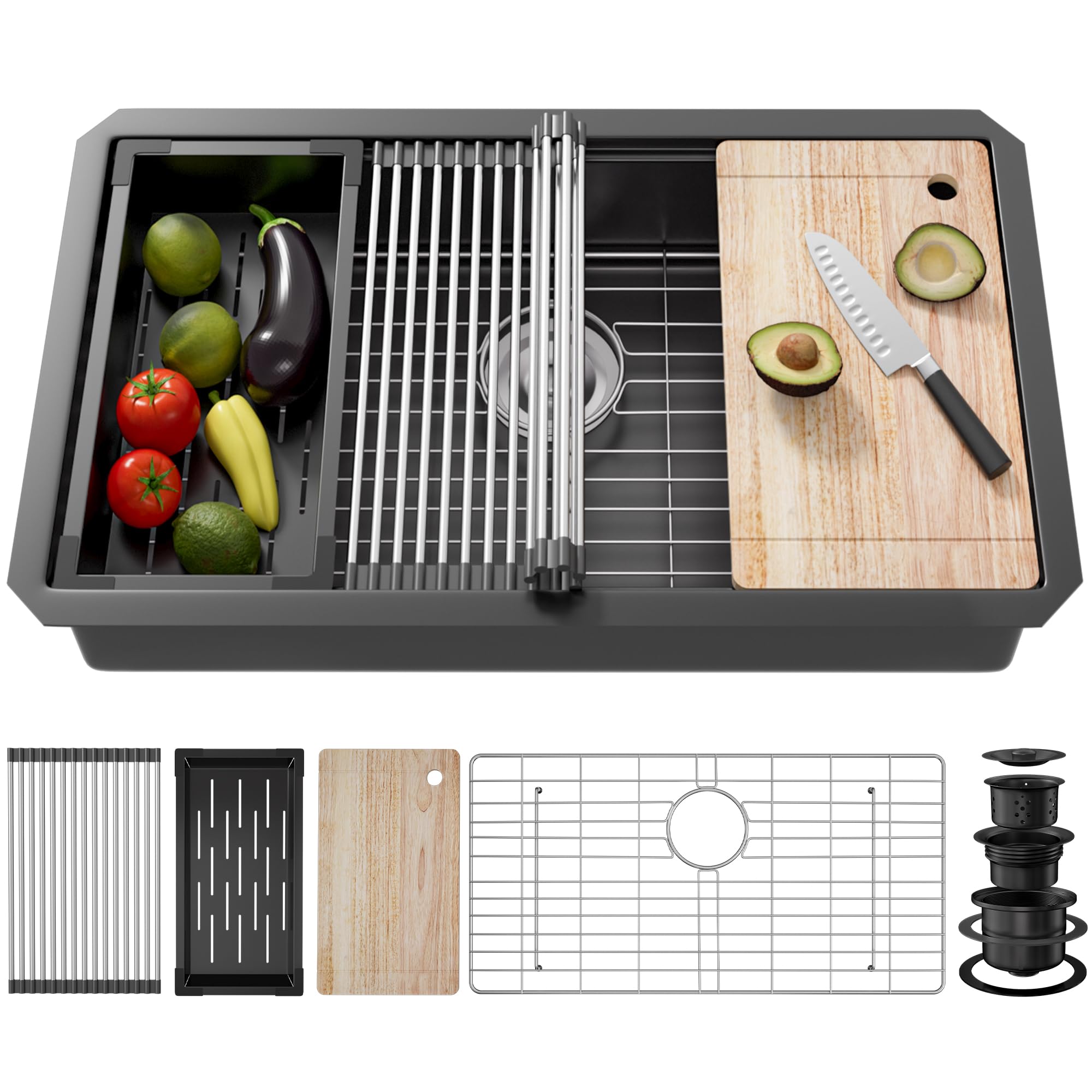 33 Inch Undermount Kitchen Sink - 16 Gauge Stainless Steel Single Bowl Workstation Sink, 33x19 Inch Commercial Grade Black Sink for Professional Kitchens & Restaurant Prep Stations