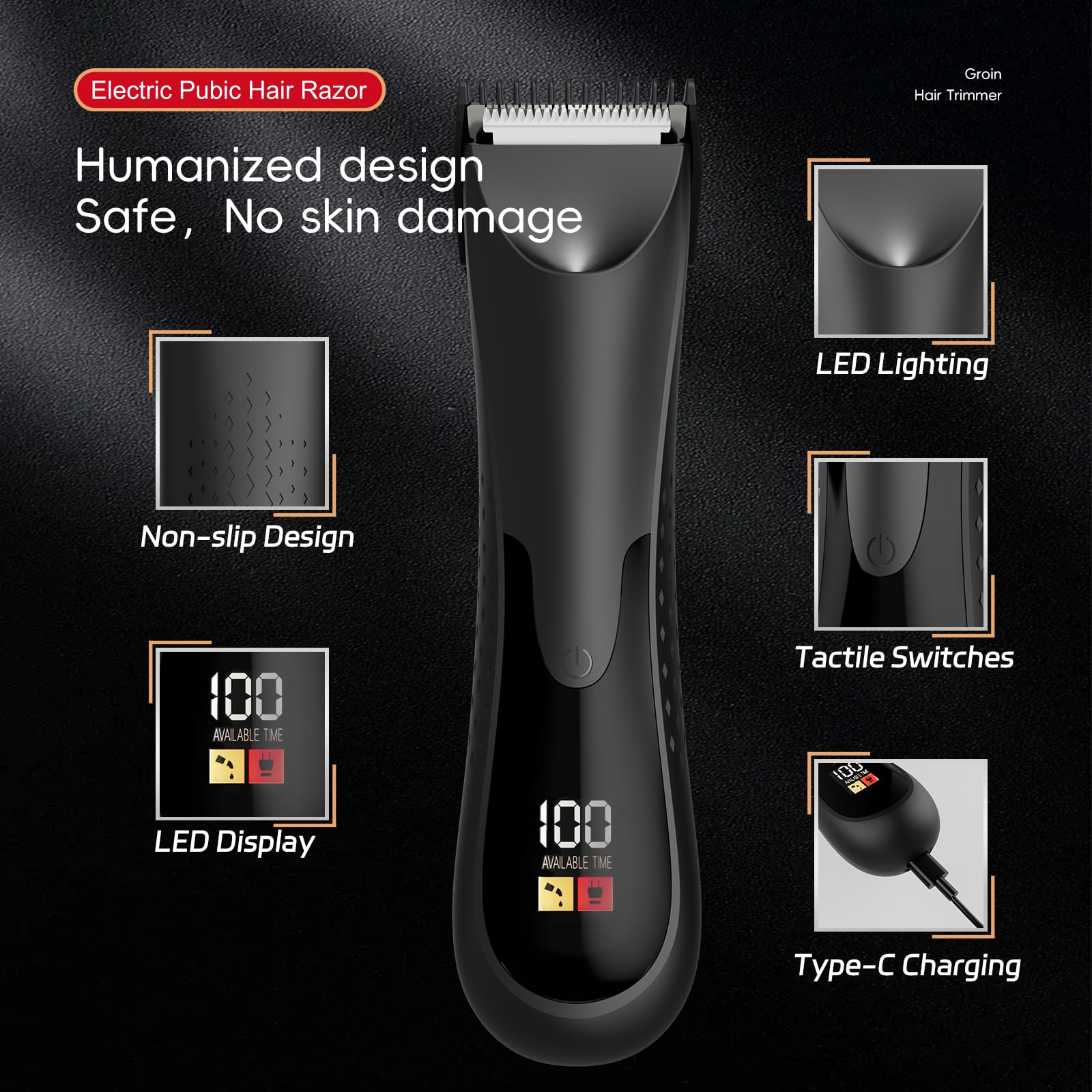 Waterproof Electric Groin & Body Hair Trimmer for Men - Precision Manscaping Shaver with Ceramic Blade, LED Light & Charging Base - Perfect for Pubic, Balls & Body Grooming at Home or Travel