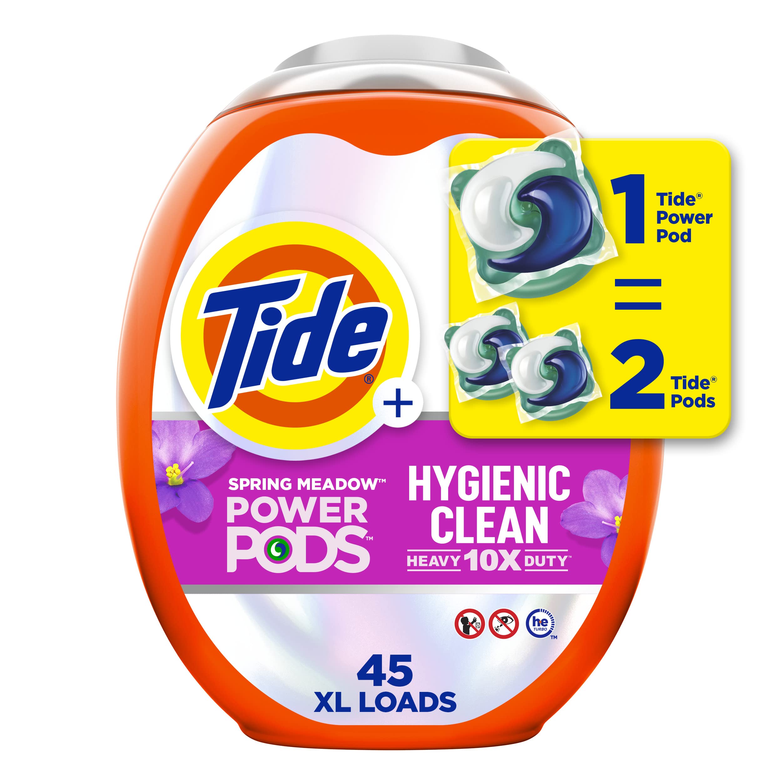 Tide Hygienic Clean Heavy Duty 10X Power PODS Laundry Detergent Pacs - Spring Meadow Scent, 45 Count | Removes Visible & Invisible Stains | Perfect for Large Families, Active Lifestyles & Tough Laundry Loads