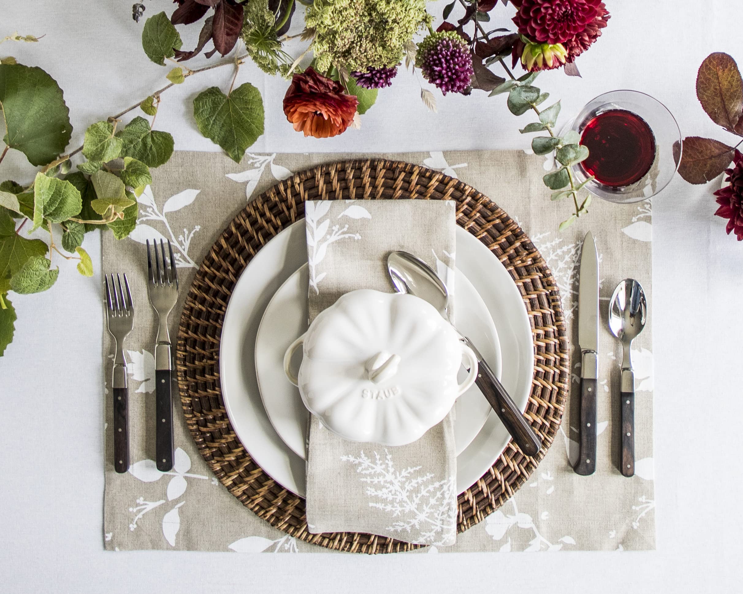 Solino Home 4-Piece Linen Placemats Set - Botanical Leaf Khadi Print Table Mats (14