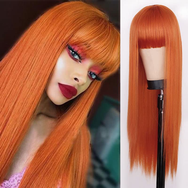 Kaneles Orange Long Straight Wigs for Women with Bangs - Heat Resistant Synthetic Fiber Cosplay Party Wig for Halloween, Costume Events & Anime Conventions