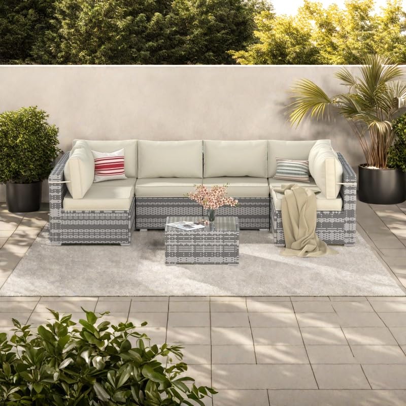 7-Piece Modular Outdoor Patio Furniture Set with Coffee Table - Waterproof Wicker Sectional Sofa Couch for Backyard, Balcony, Garden & Poolside Relaxation