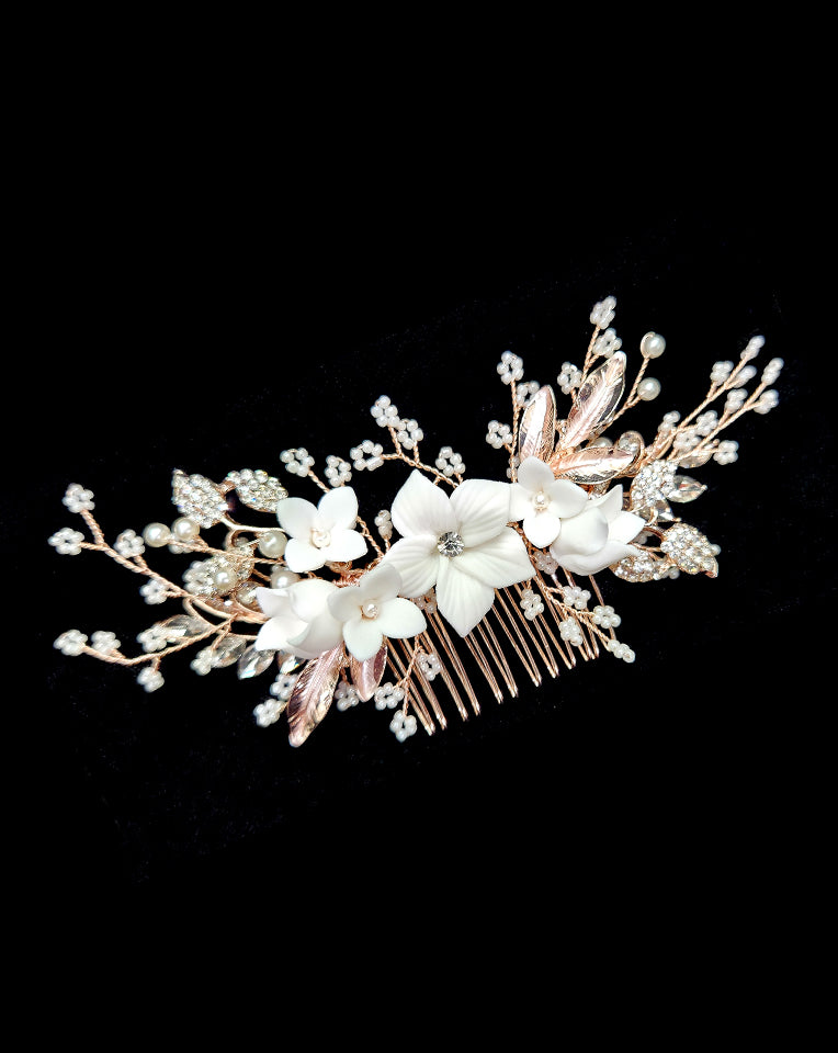 Elegant Porcelain Floral Hair Comb - Millie by Johnny B Collection at Kezani | Perfect for Bridal Hair Accessories, Weddings & Special Occasions