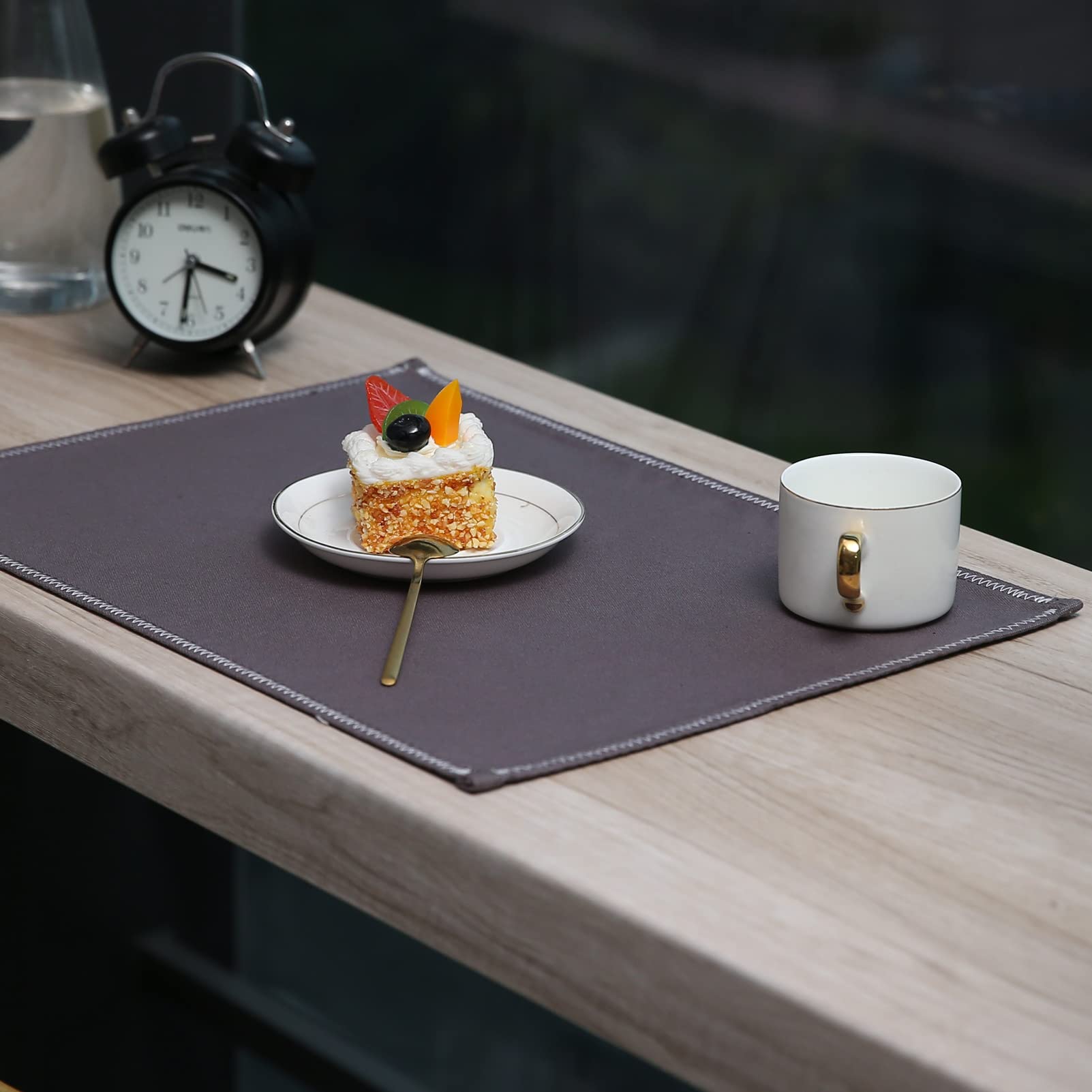 4 Pack Heat Resistant Non-Slip Boho Hemstitch Placemats - Gray Dining Table Mats, Washable Kitchen Countertop Protectors & Coffee Maker Mats for Home, Restaurant, and Office Use