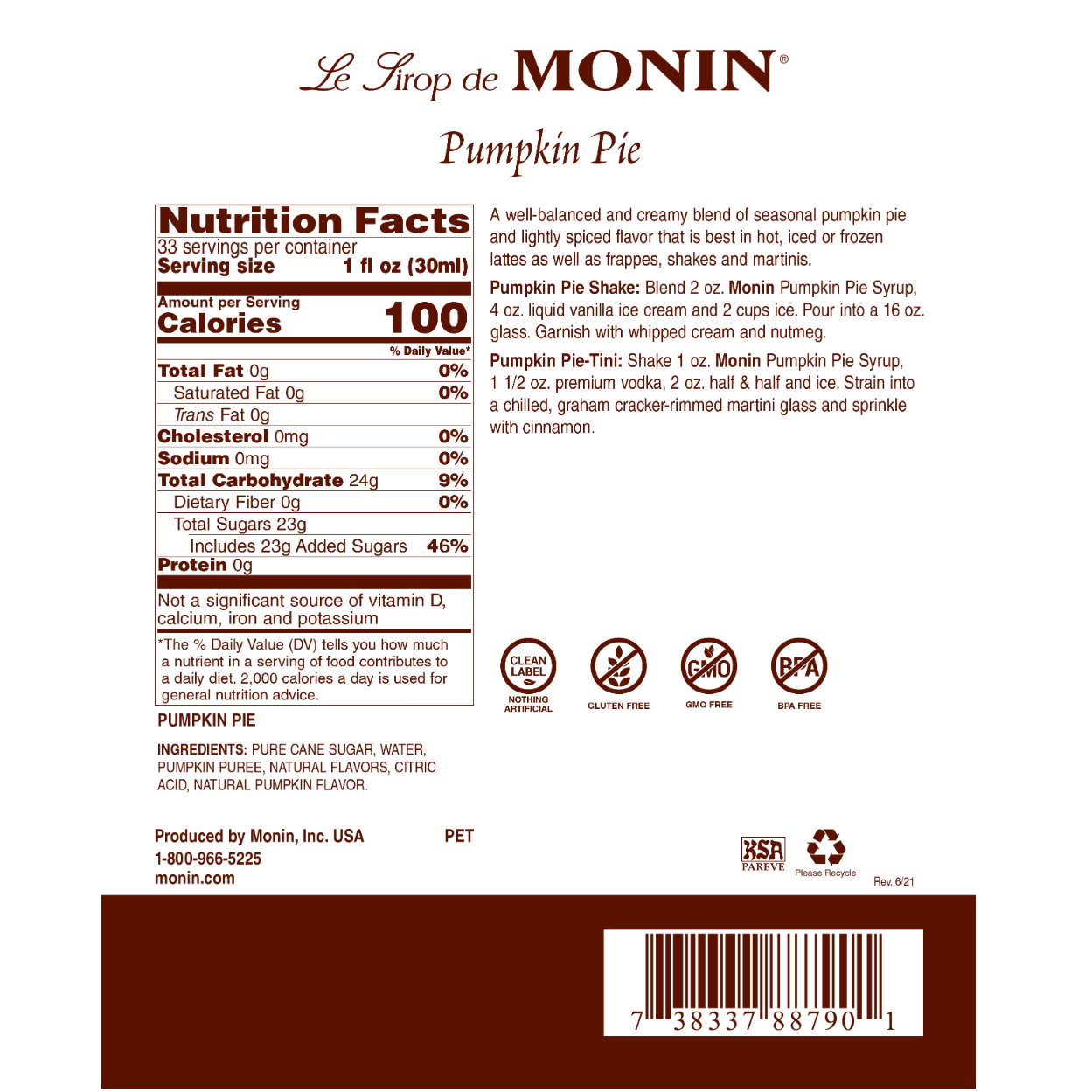 Monin Pumpkin Pie Syrup - Premium Coffee & Cocktail Flavoring Syrup for Fall Baking, Lattes, Desserts & Holiday Drinks