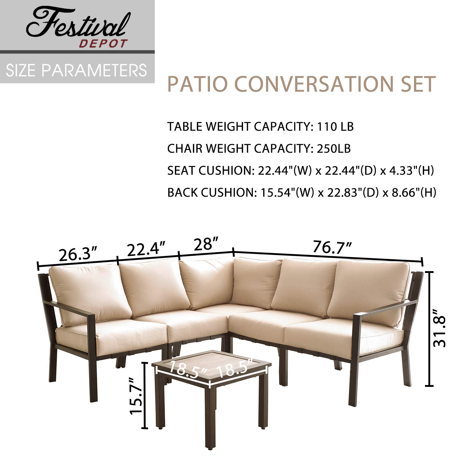 Festival Depot 6-Piece Outdoor Patio Furniture Set - All-Weather Black Wicker Sectional Sofa with Square Coffee Table & Removable Cushions (Beige) - Perfect for Backyard, Garden, Poolside & Outdoor Entertaining