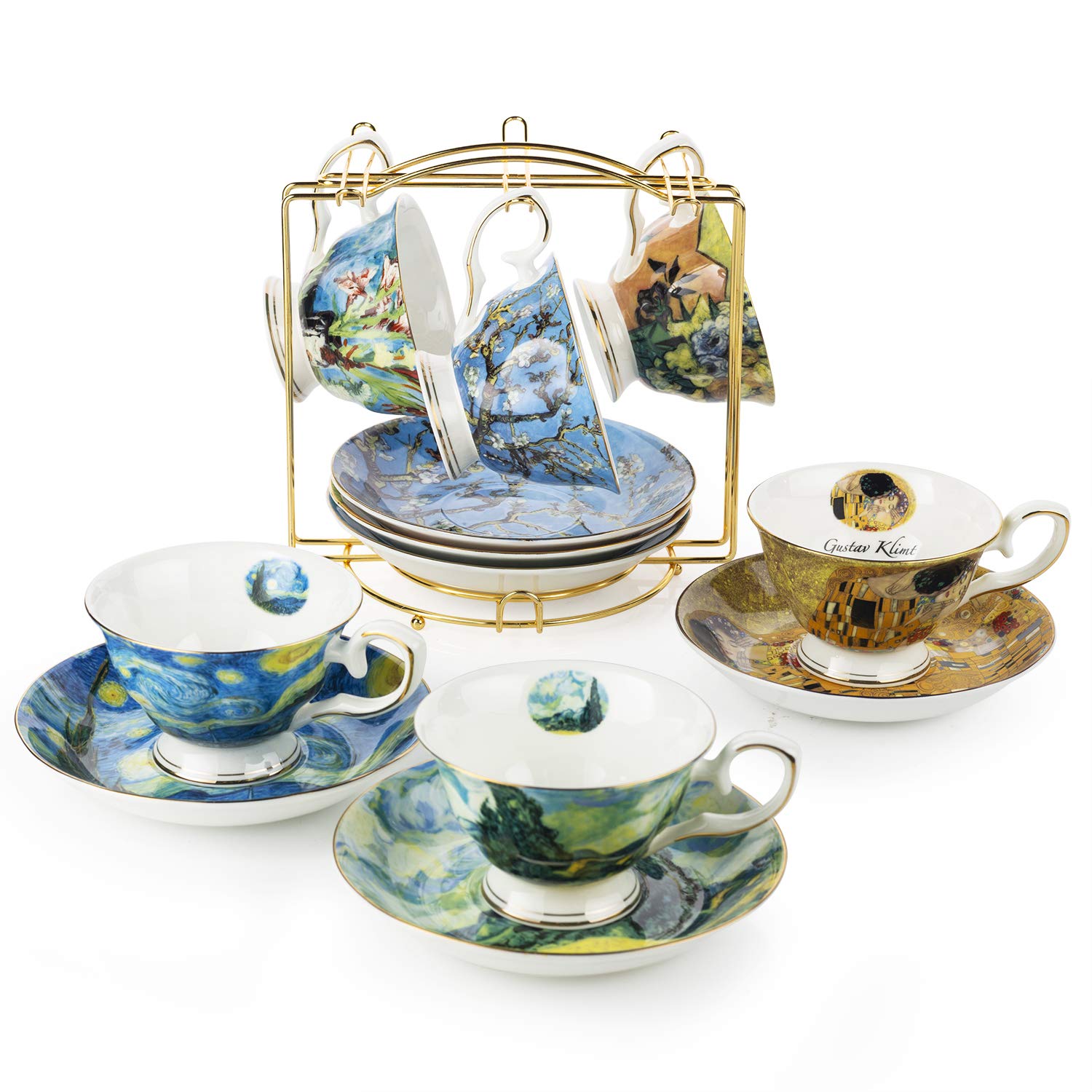 Van Gogh Bone China Coffee Cup and Saucer Set - 6-Piece 8-Oz Art Mugs with Display Rack & Gift Box - Elegant Tea & Coffee Serving Set for Home, Office, and Gifts