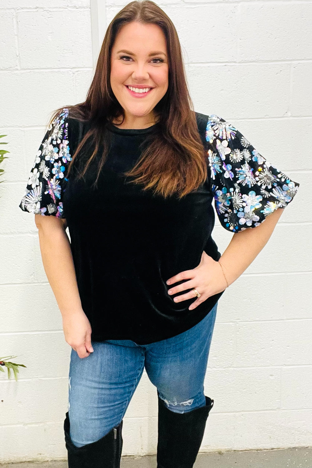 Glamorous Black Floral Sequin Puff Sleeve Velvet Top for Women | Elegant Party Blouse | Perfect for Evening Events, Date Nights & Special Occasions