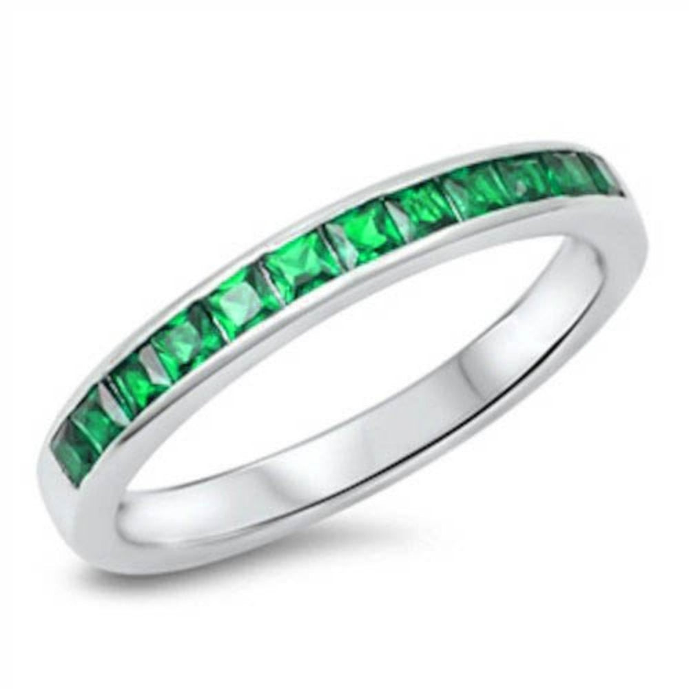 3mm Half Eternity Invisible Set Princess Cut Emerald Green CZ Ring - May Birthstone, 925 Sterling Silver Wedding Band, Engagement & Anniversary Gift for Her (Perfect for Everyday Wear, Special Occasions & Gift Giving)