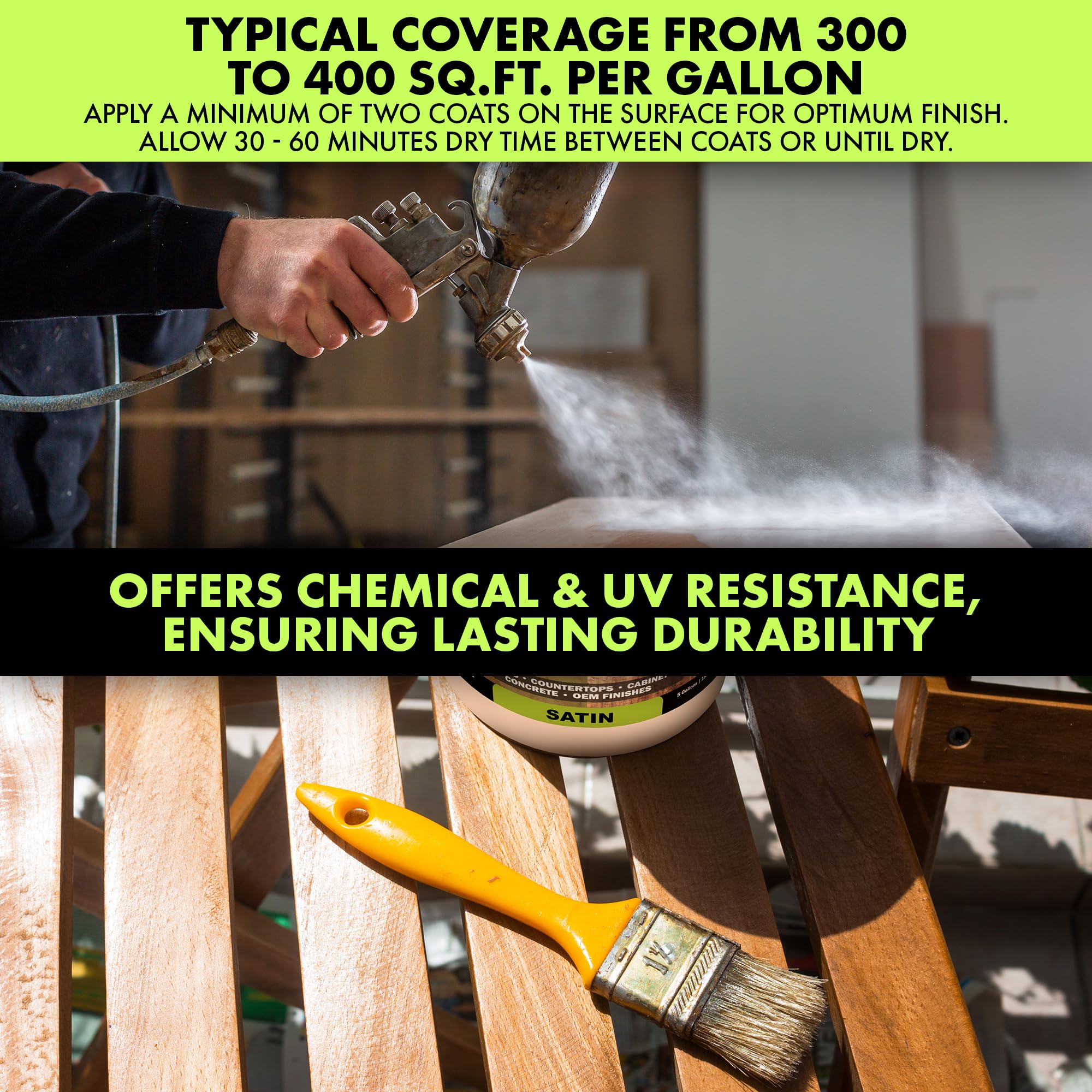 Eco-Tuff Finish Polyurethane Clear Coat — UV Resistant & Non-Toxic Water Based Wood Sealer — Clear Protective Finish for Concrete, Wood Floors, Cabinets, Countertops & Furniture — 5 Gallon Satin Finish — Ideal for Indoor/Outdoor Use on Decks, Tables & DIY Projects