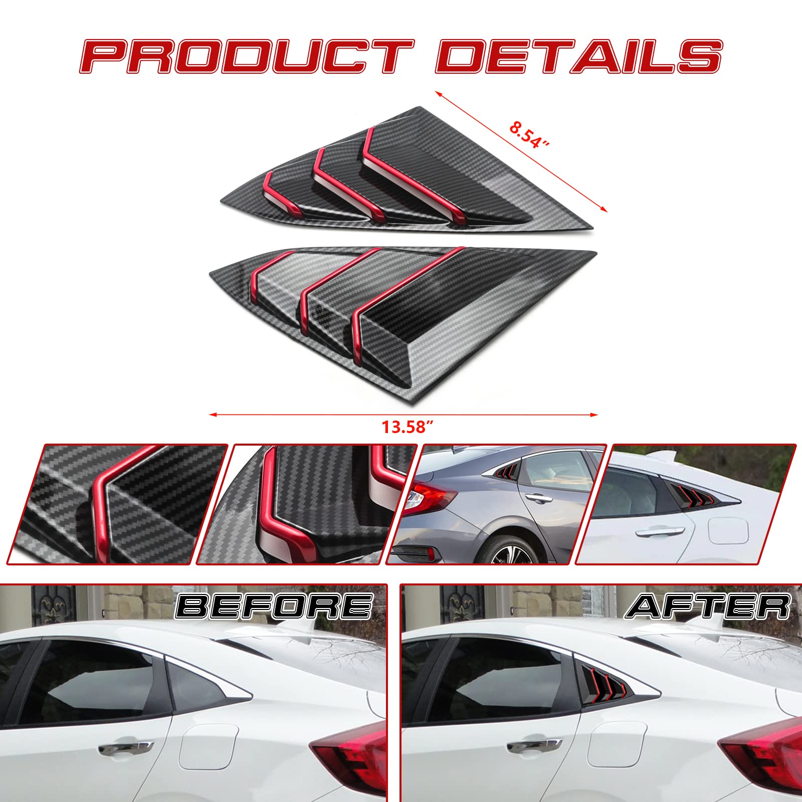 Xotic Tech Rear Side Window Louver Cover Trim - Carbon Fiber Pattern with Red Accent - Compatible with 2016-2021 Honda Civic 10th Gen Sedan - Enhances Style & Airflow - Perfect for Car Enthusiasts & Custom Builds