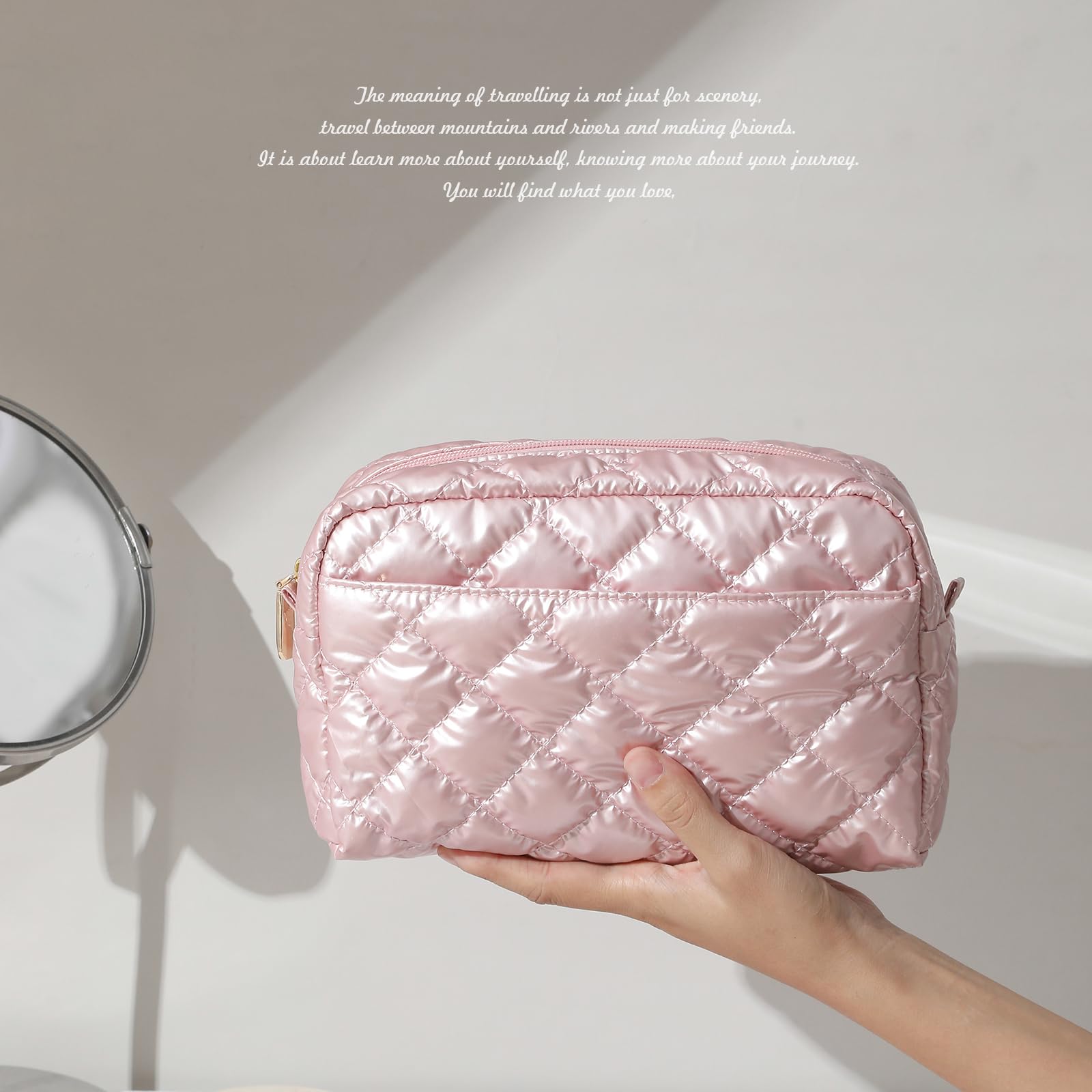 Waterproof Quilted Travel Cosmetic Bag with Zipper - Portable Makeup Organizer Pouch for Women, Puffer Toiletry Bag for Daily Use & Travel, Classy Gift Idea (Pink) - Perfect for Gym, Vacation, Business Trips & On-the-Go Touch Ups