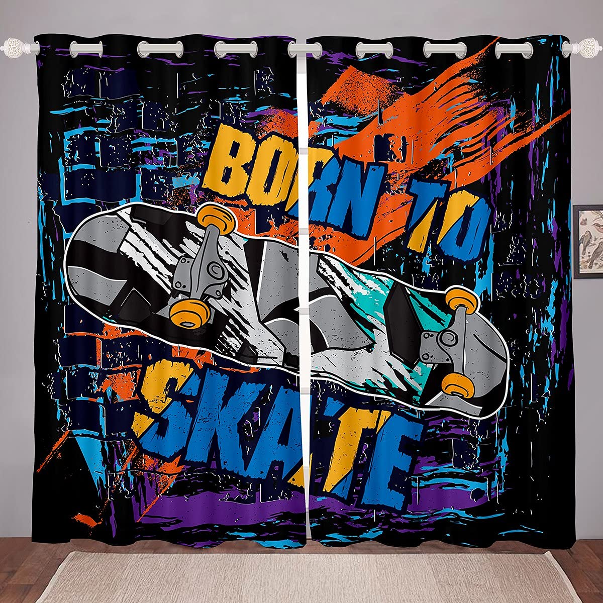 Erosebridal Skateboard Themed Blackout Curtains 38x54 Inches - Boys Teens Men Bedroom Decor, Extreme Sports Gaming Room Drapes, Hip Hop Hippie Style Graffiti Window Treatments (2 Panel Set) - Perfect for Gaming Rooms, Teen Bedrooms & Man Caves