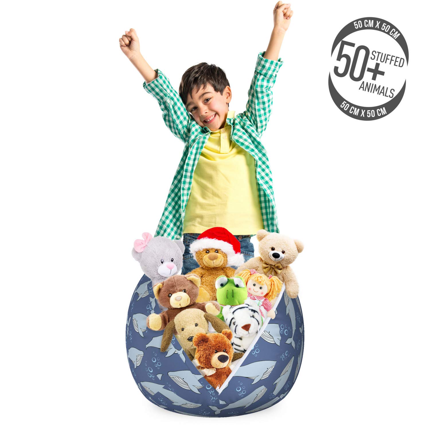 Ambesonne Cartoon Whale Toy Storage Bag Chair - Washable Stuffed Animal Organizer with Swimming Whales & Bubbles Design, Small Size in Sky Blue & Purple - Perfect for Kids' Room, Nursery Organization & Playroom Decor