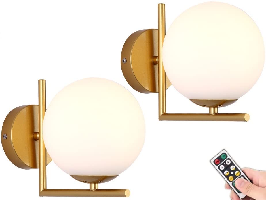 Modern Globe Wall Sconce Lights Set of 2 - Dimmable Battery Operated LED Wall Lights with Remote Control, No Wiring Needed - Perfect for Bedroom, Bathroom, Nursery & Hallway Night Lighting