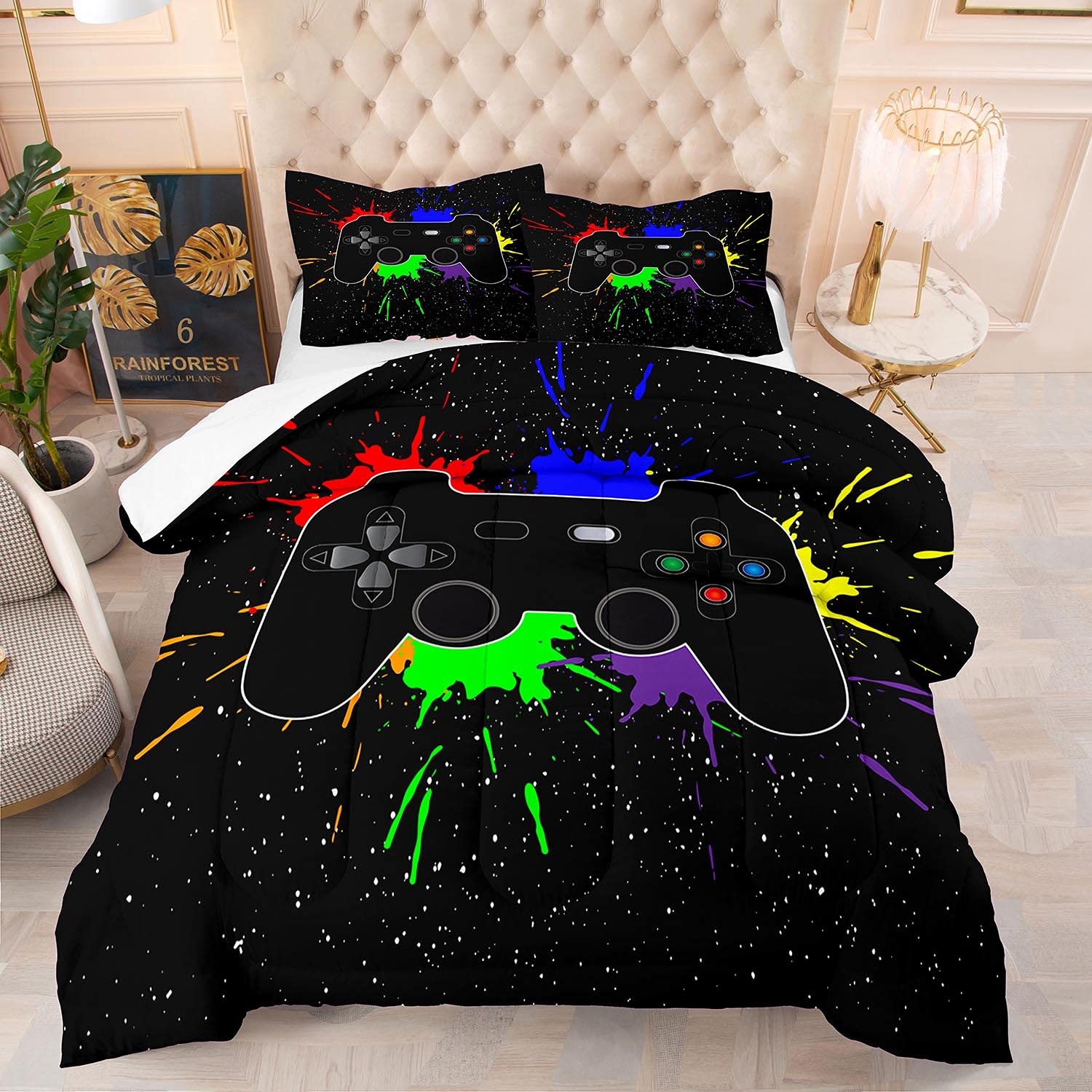 Colorful Video Game Controller Bedding Set - Queen Size Gaming Comforter with 2 Pillowcases for Boys, Kids & Teens - Quilted Duvet Cover - Perfect for Gamer Bedrooms, Sleepovers & Gaming Themed Rooms