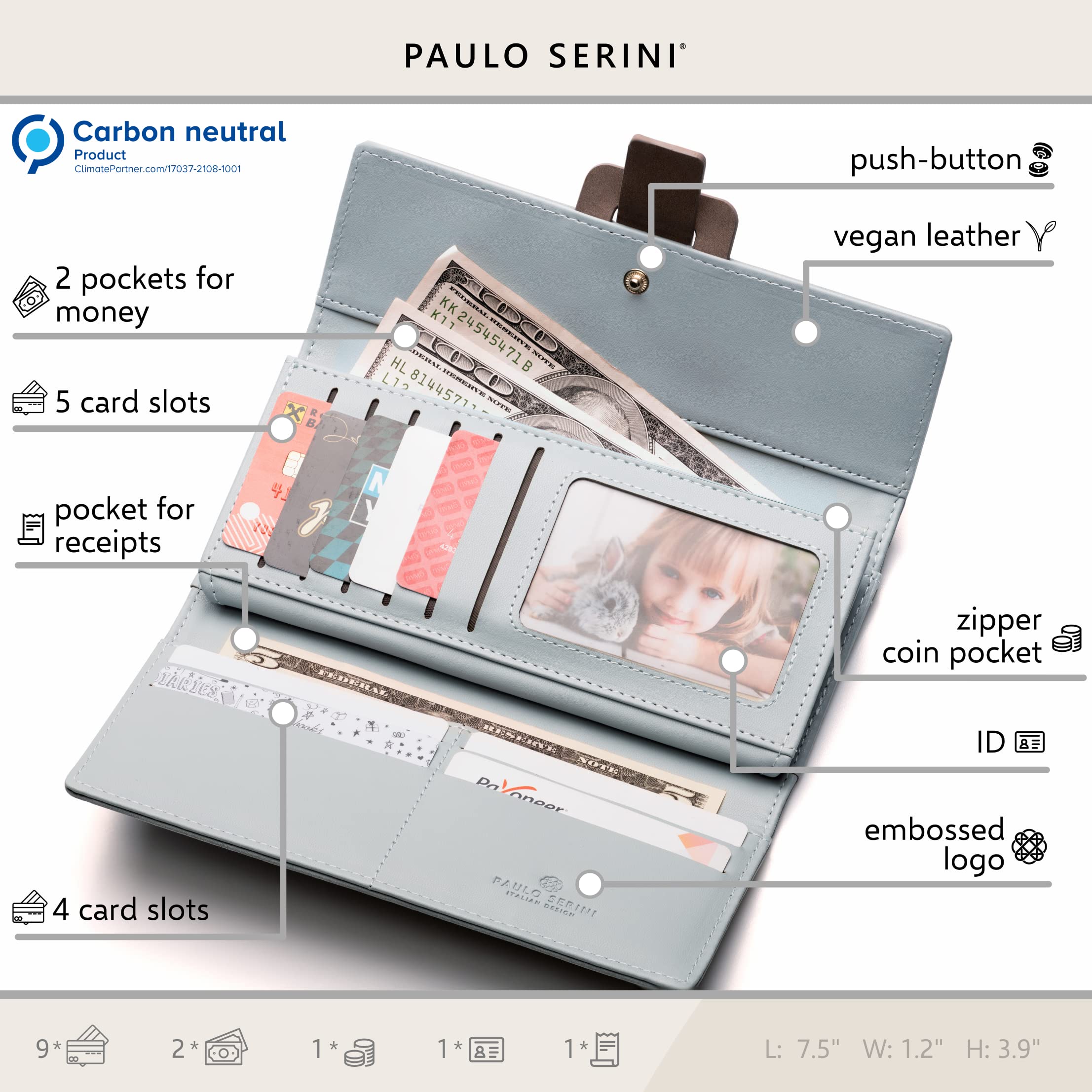 PAULO SERINI® Women's Vegan Leather Wallet with Coin Purse & Card Holder - Slim RFID Blocking Wristlet Clutch for 9 Cards - Perfect Birthday Gift for Her (9 Color Options) | Everyday Use, Travel & Special Occasions