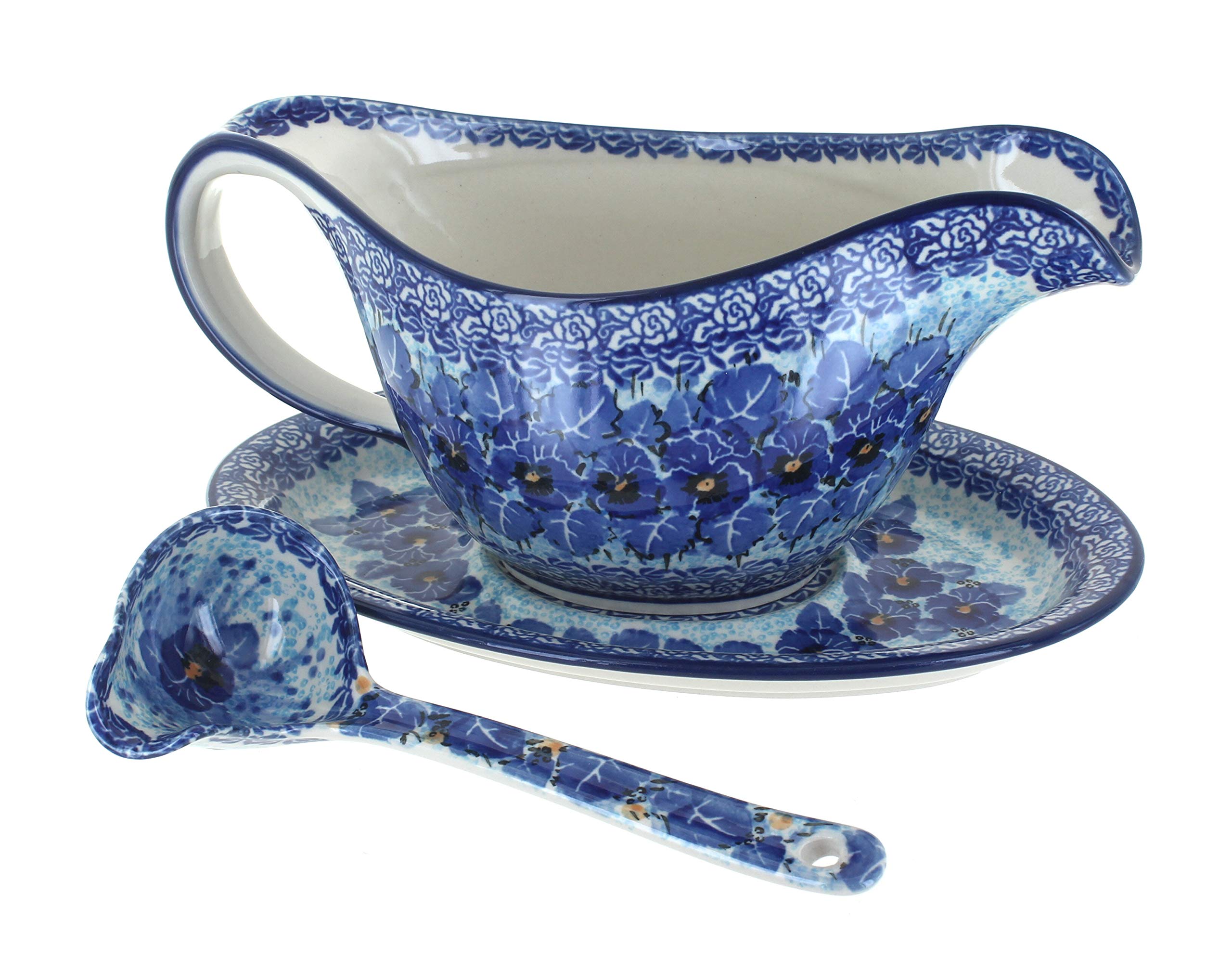 Handmade Blue Rose Polish Pottery Joanna Gravy Boat with Ladle - Elegant Serving Dish for Thanksgiving, Christmas & Dinner Parties - Perfect for Sauces, Gravy & Dressings
