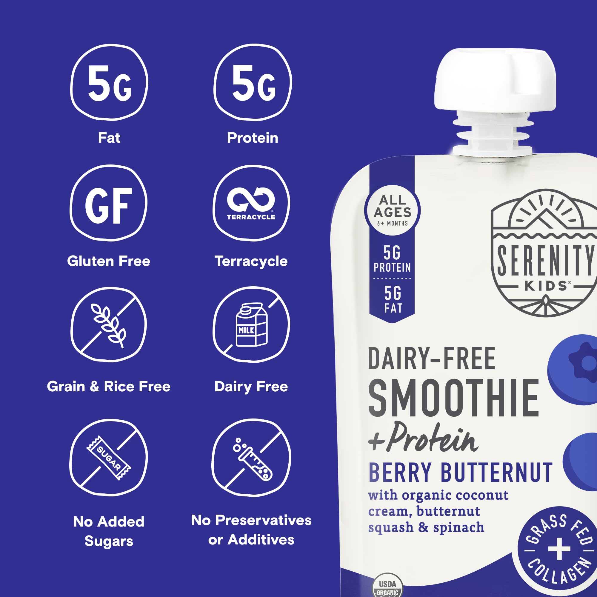 Serenity Kids Organic Baby Food Pouch - Dairy Free Smoothie for 6+ Months - USDA Organic, Grass Fed Collagen Protein - 3.5oz BPA-Free (Berry Butternut, 6 Pack) | Perfect for On-the-Go Feeding & Toddler Snacks