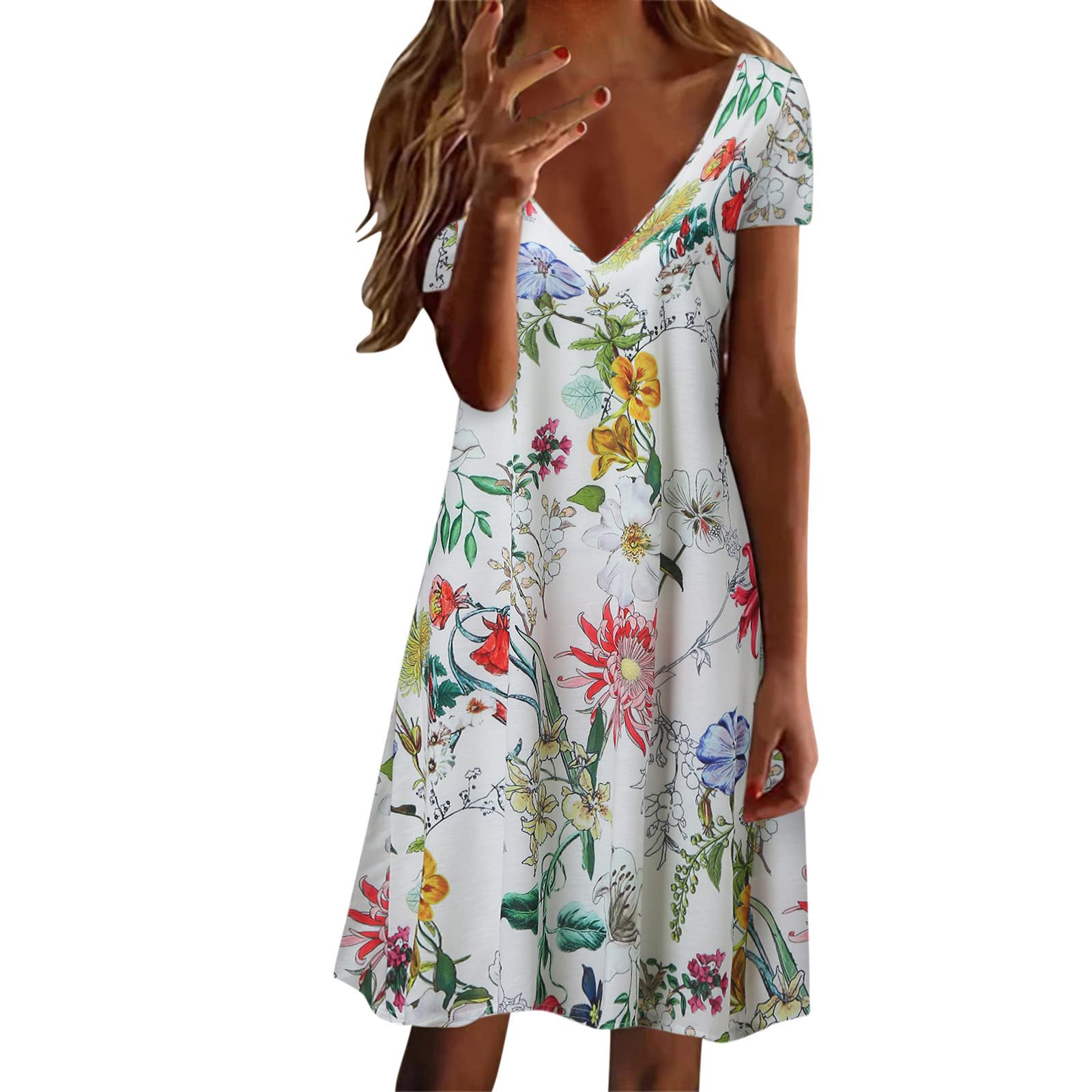 Twoker Women's Floral Print V-Neck Casual Summer Dress - Short Sleeve Beach Sundress for Vacation, Party & Outdoor Activities
