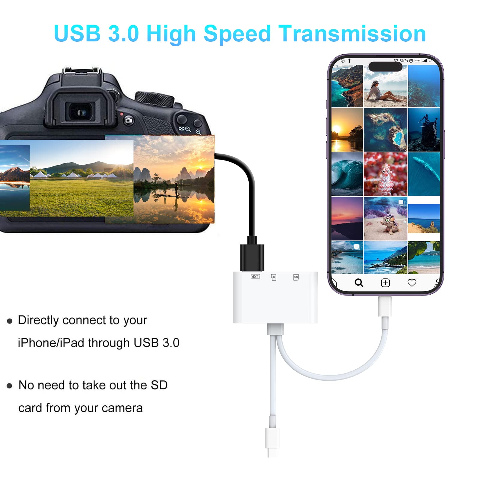 5-in-1 Lightning to USB Adapter with SD/TF Card Reader - Compatible with iPhone iPad MacBook Samsung Android Devices - Fast USB 3.0 Memory Card Reader for Photos Videos Transfer - Perfect for Travel Photography & File Backup (AP439)
