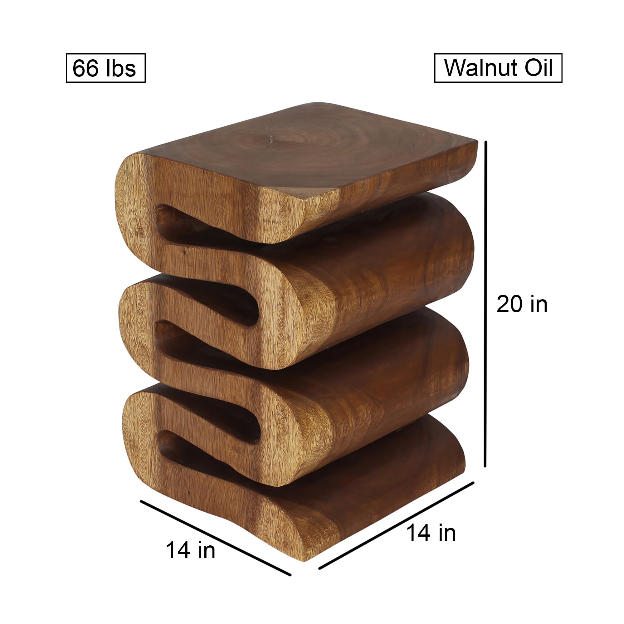 Haussmann® Wood Wave Verve Accent Snake Table - 14x14x20 Inches - Handcrafted Walnut Oil Finish - Modern Side Table for Living Room, Bedroom & Office Decor