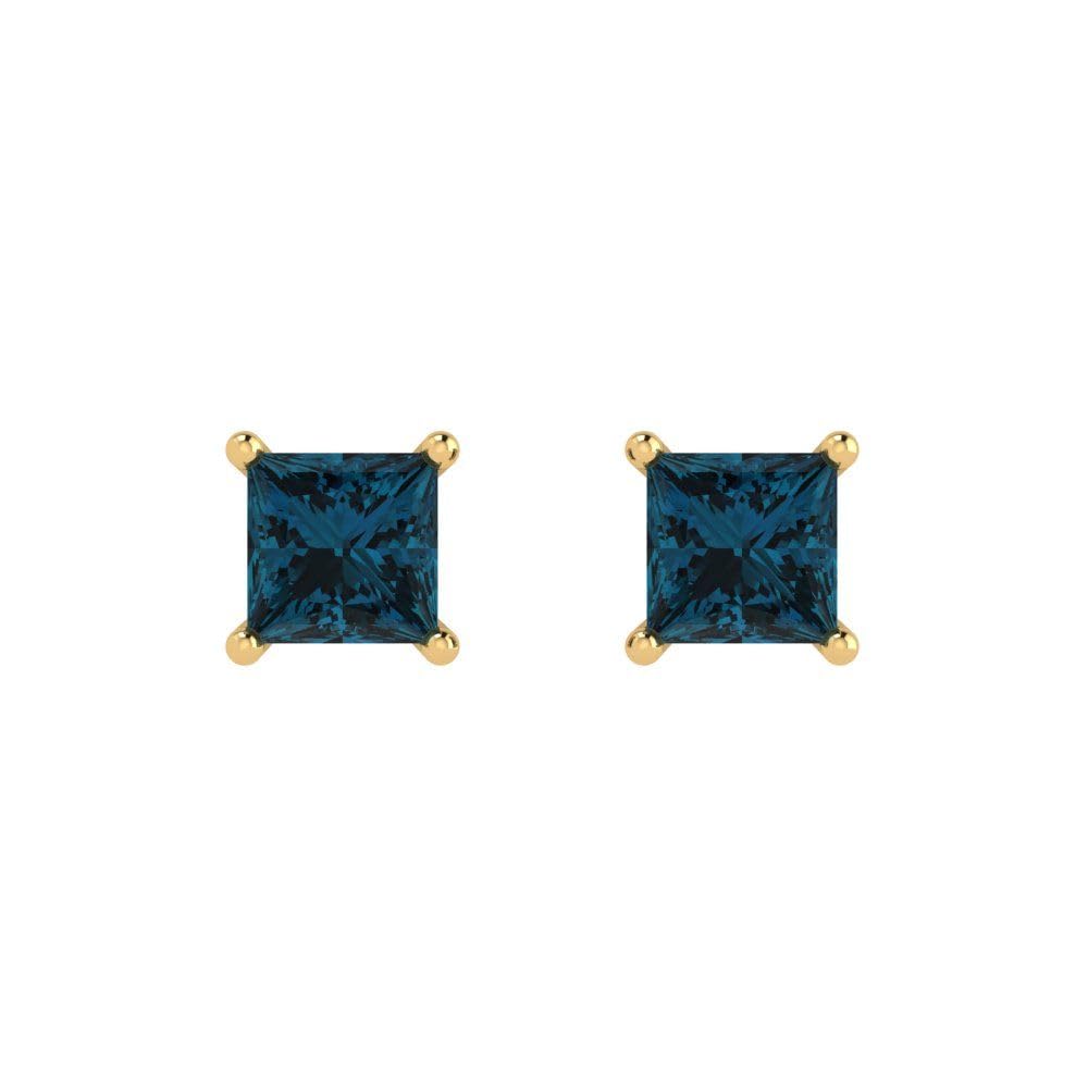 1.94cttw Princess Cut Natural London Blue Topaz Stud Earrings in 14K Yellow Gold - Push Back Closure, Anniversary Gift for Her - Perfect for Weddings, Parties & Special Occasions