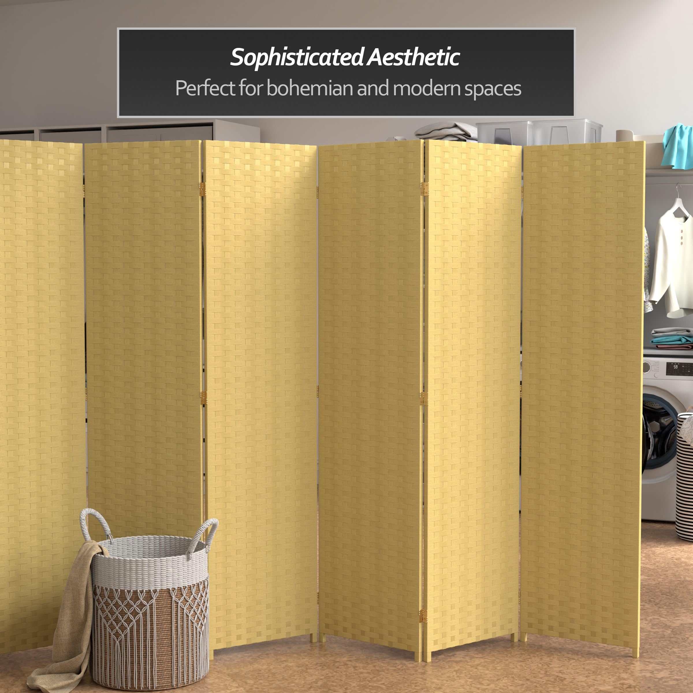 6 ft. Tall Woven Fiber Red Lantern Room Divider - Dark Beige 6-Panel Folding Screen for Home, Office, and Event Decor