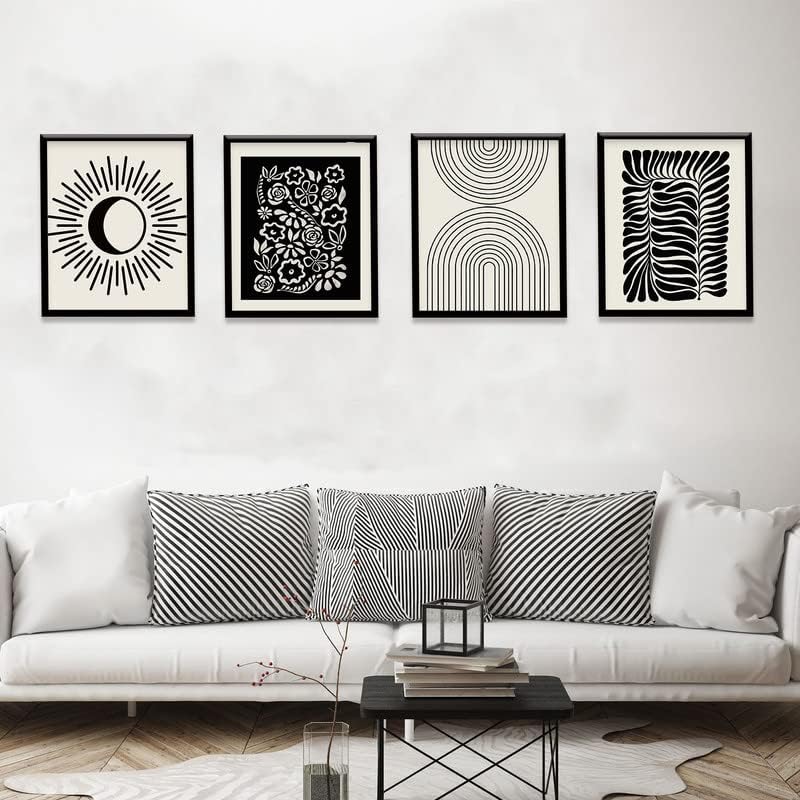 Minimalist Boho Canvas Wall Art Set of 4 - Black & Beige Flower Leaf Line Art Paintings, Mid-Century Modern Gallery Wall Prints for Bedroom, Living Room, Bathroom Decor | Perfect for Boho, Scandinavian & Farmhouse Style Homes