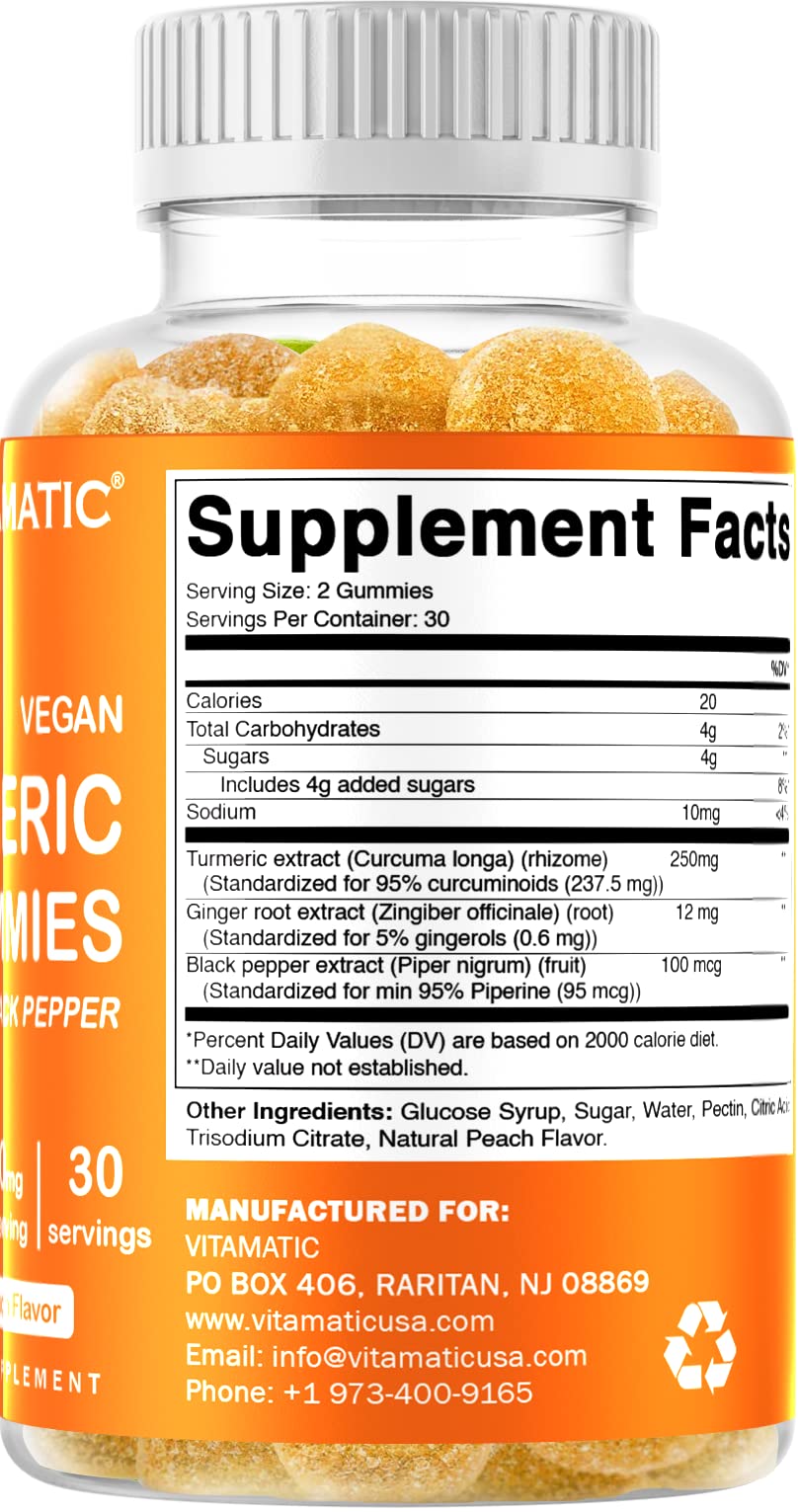 Vitamatic Turmeric Gummies with Ginger & Black Pepper Extract - 95% Curcuminoids - 60 Vegan Gummies for Immune Support & Joint Health - Natural Anti-Inflammatory Supplement for Daily Wellness