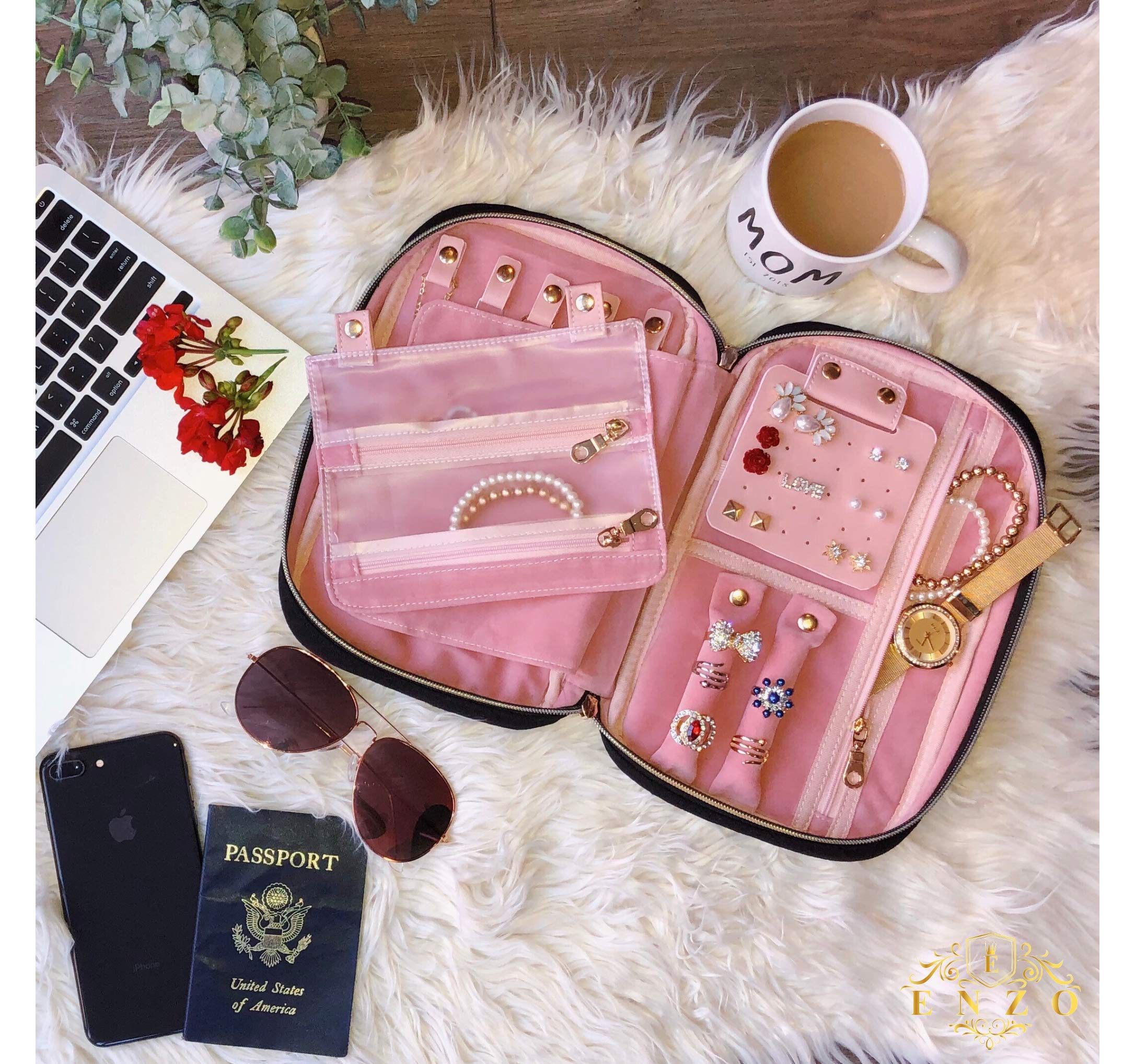 ENZO Travel Jewelry Storage Case - Portable Organizer Box for Necklaces, Earrings, Rings, Bracelets & Watches | Compact Accessories Holder for Women | Perfect for Travel, Home & Gift Giving (Black)