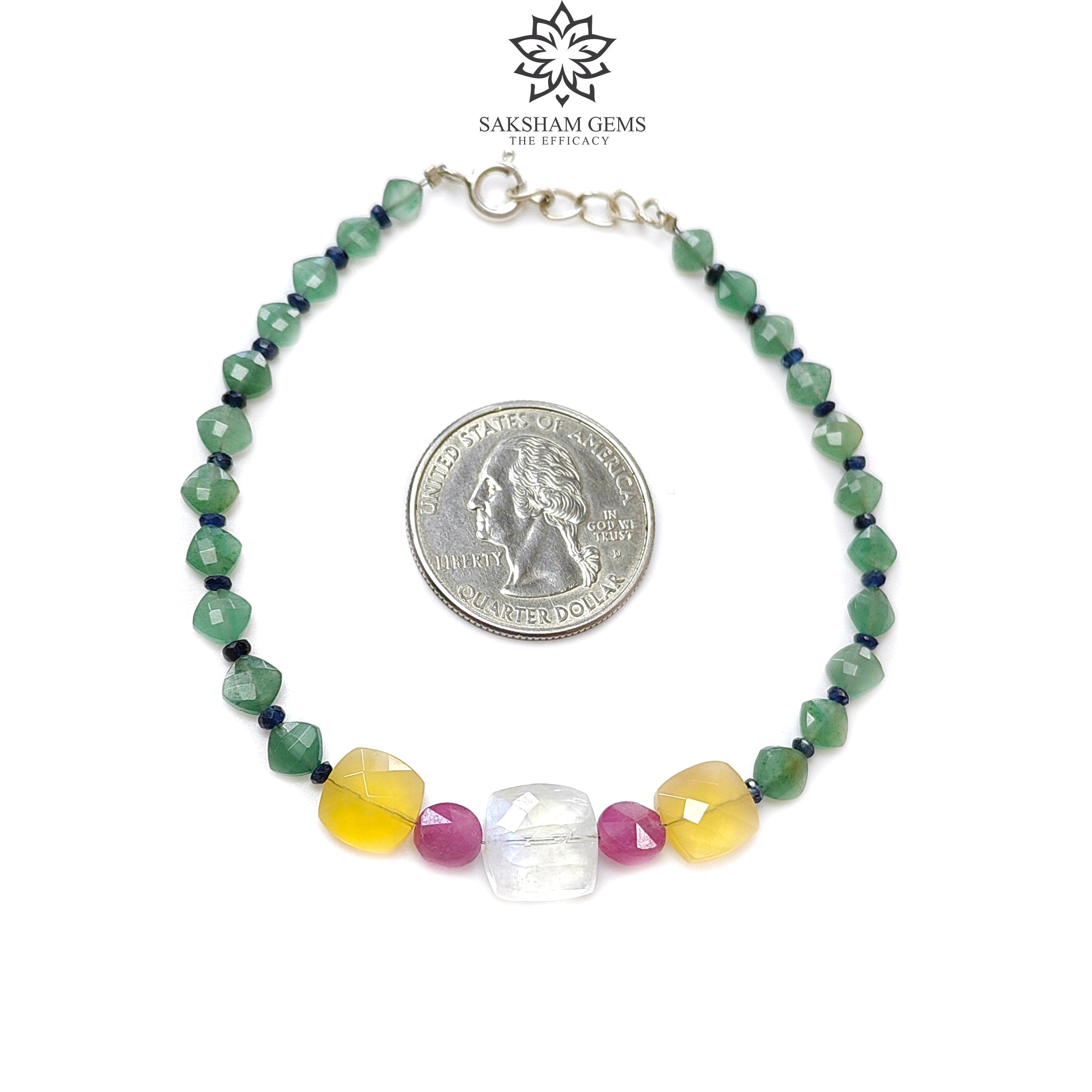 Green Quartz Yellow Opal Moonstone Sapphire Gemstone Beaded Bracelet - 925 Sterling Silver Checker Cut 8.25