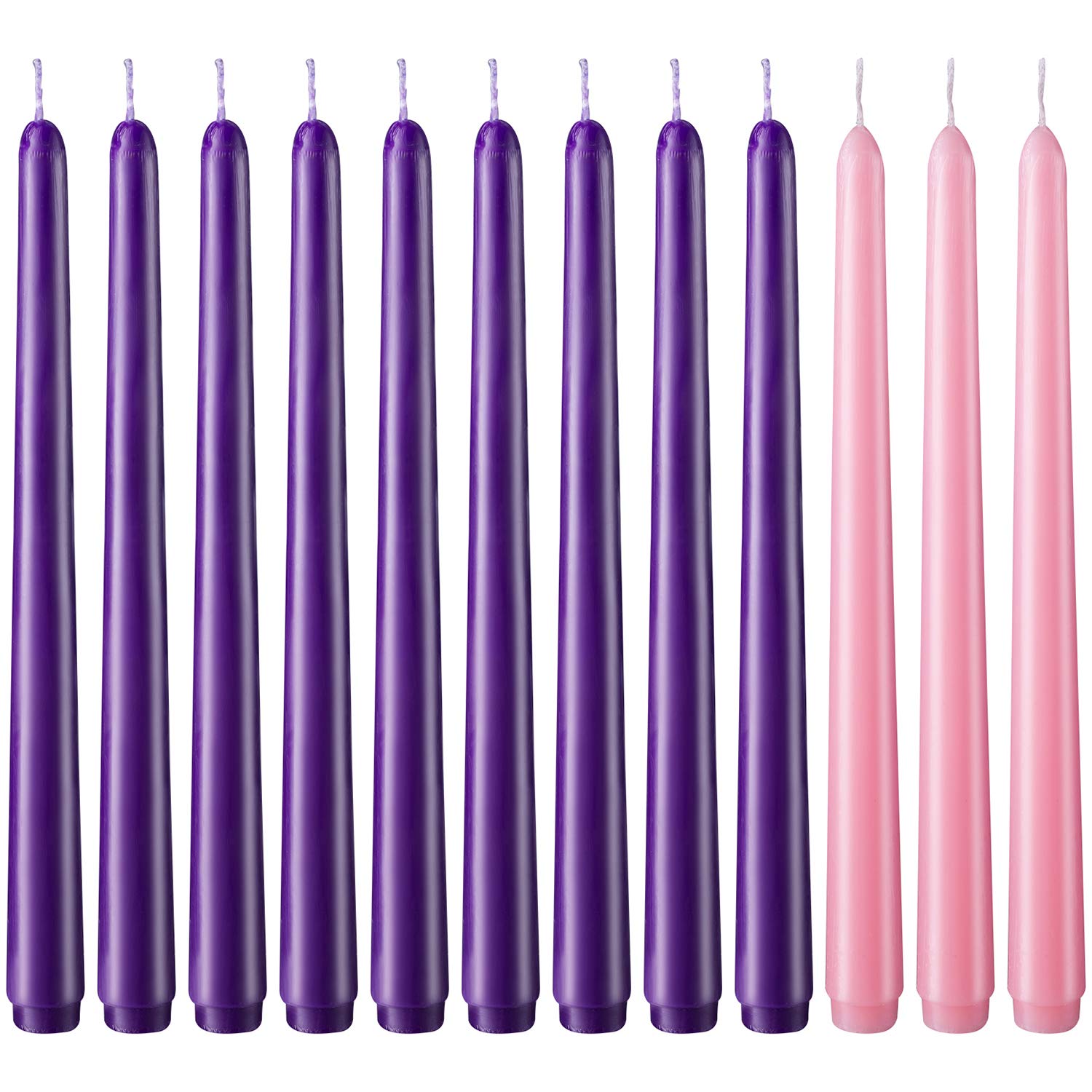 Arosky 10 Inch Unscented Taper Advent Candles Set - 9 Purple & 3 Pink for Christmas Decorations, Church Services & Holiday Table Centerpieces