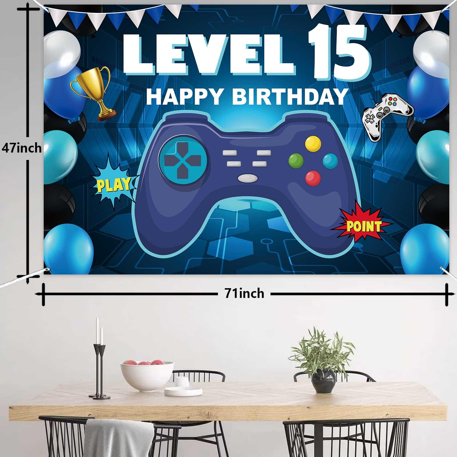 Happy 15th Birthday Level Up Banner - Video Game Themed Backdrop for Boys & Girls 15th Birthday Party Decorations | Perfect for Gaming Theme Parties, Teen Celebrations & Milestone Birthday Backgrounds