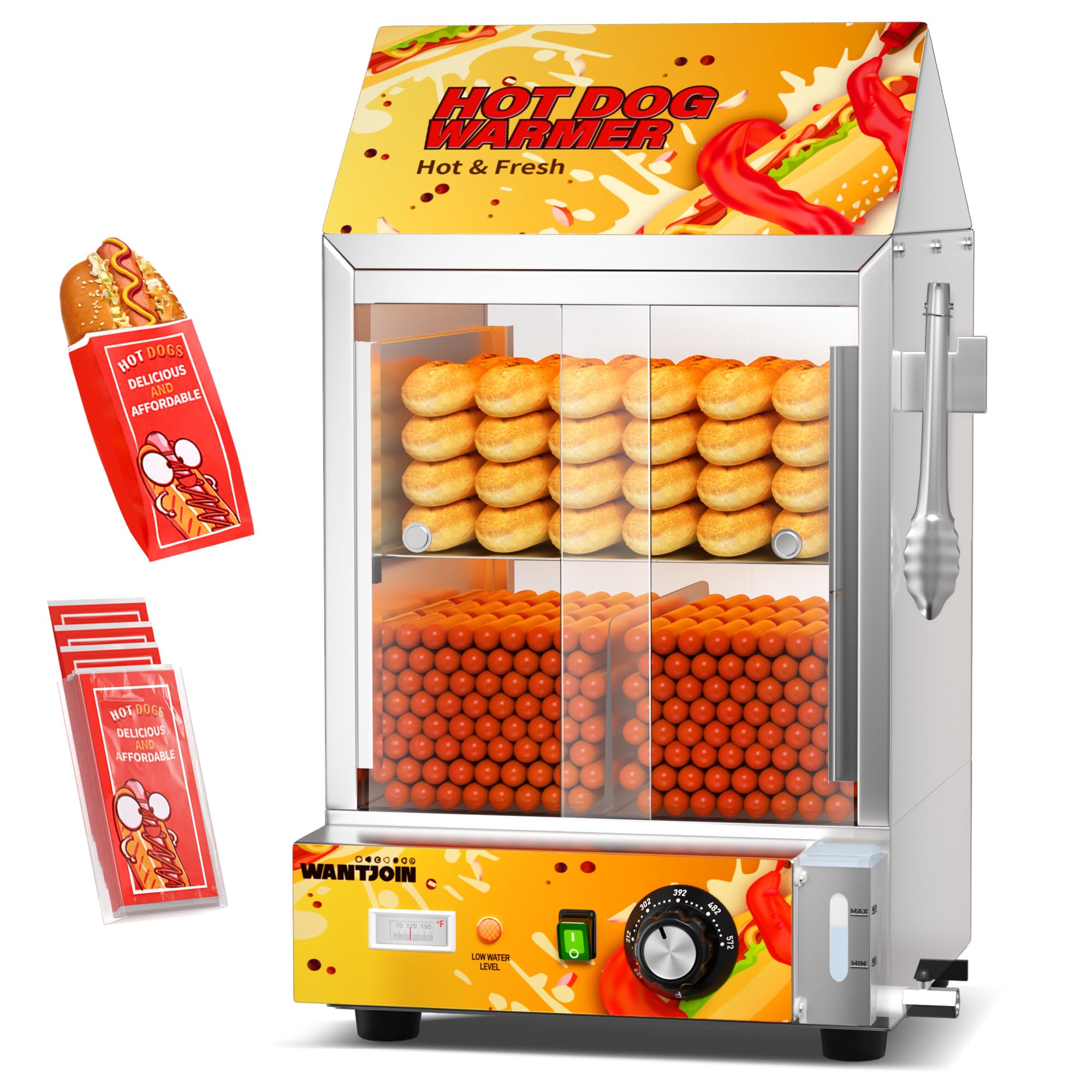 WantJoin 2-Tier Electric Hot Dog Steamer with Bun Warmer - 24.52 QT Adjustable Temperature Commercial Hot Dog Steamer with Glass Door & Water Level Indicator - Perfect for Restaurants, Food Trucks, and Home Use (Steams 175 Hot Dogs & 40 Buns)