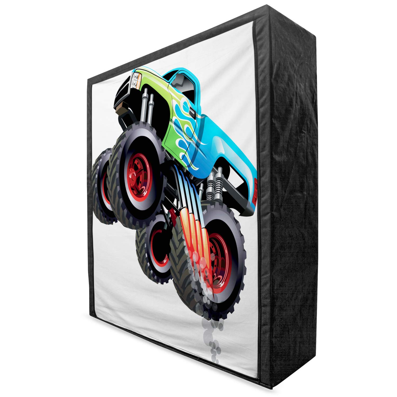 Ambesonne Cars Portable Fabric Wardrobe - Cartoon Monster Truck Themed Clothing Organizer with Shelves | 59 Inch Closet Storage for Kids Room, Bedroom & Dorm | Aqua Green & Black Colorful Design