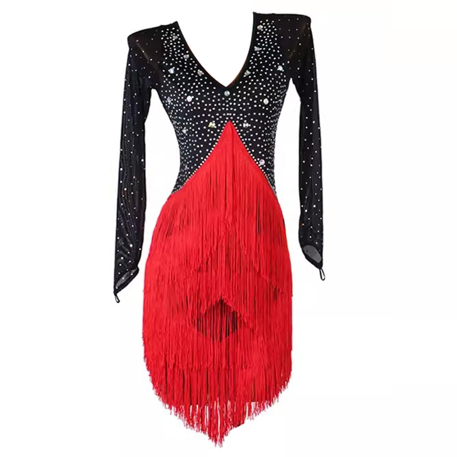 Latin Dance Competition Dress for Women - Elegant Long Sleeve Ballroom Performance Skirt with Tassels | Perfect for Tango, Cha Cha, Samba & Professional Dance Shows