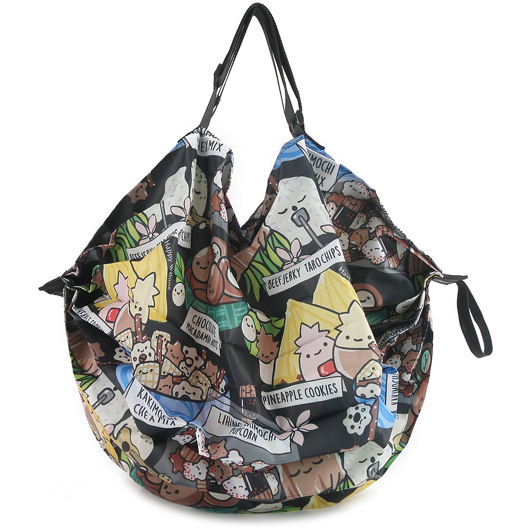 Foldable Reusable Shopping Bag for Groceries & Local Snacks - Compact Jazmine Design in Black | Perfect for Farmers Markets, Picnics & Travel