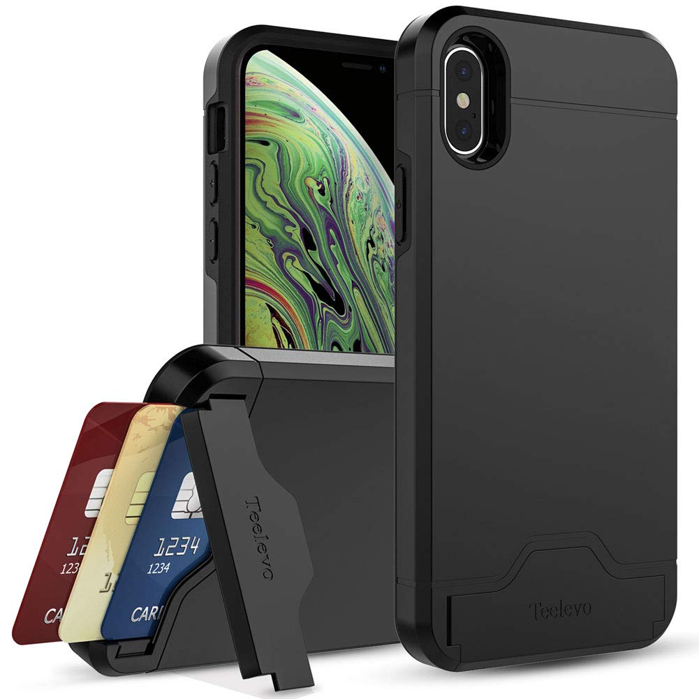 Teelevo iPhone Xs (2018) Wallet Case with Card Slots & Kickstand - Slim Dual Layer Protective Cover for iPhone Xs/X - Black - Perfect for Travel, Shopping & Everyday Use