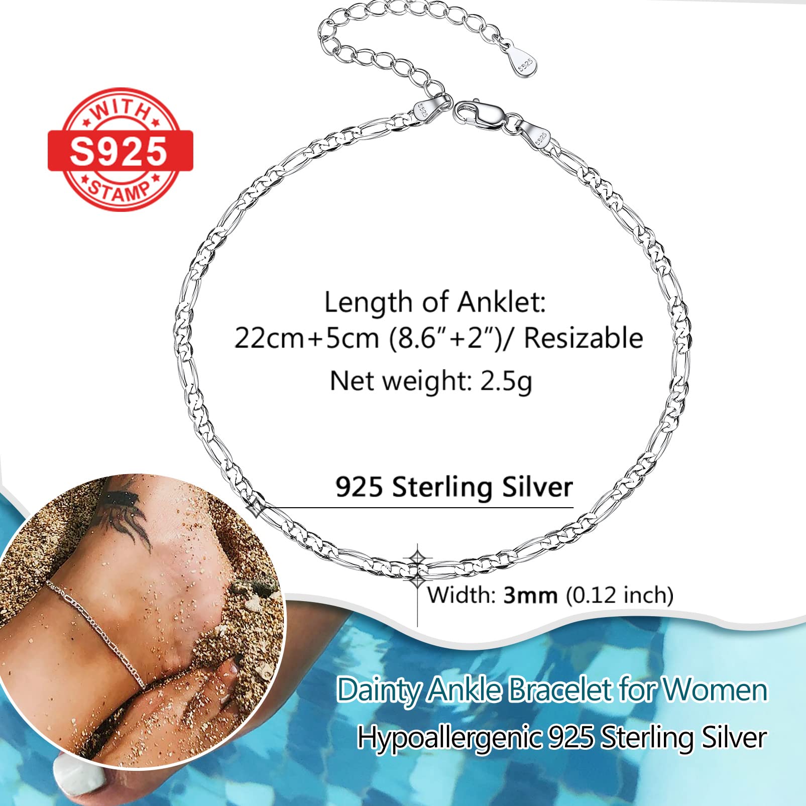 PROSILVER 925 Sterling Silver Ankle Bracelets for Women - Adjustable 8.6-10.6 Inch Stylish Chain Anklets - Perfect for Summer Beach, Vacation & Everyday Wear - Gift Box Included