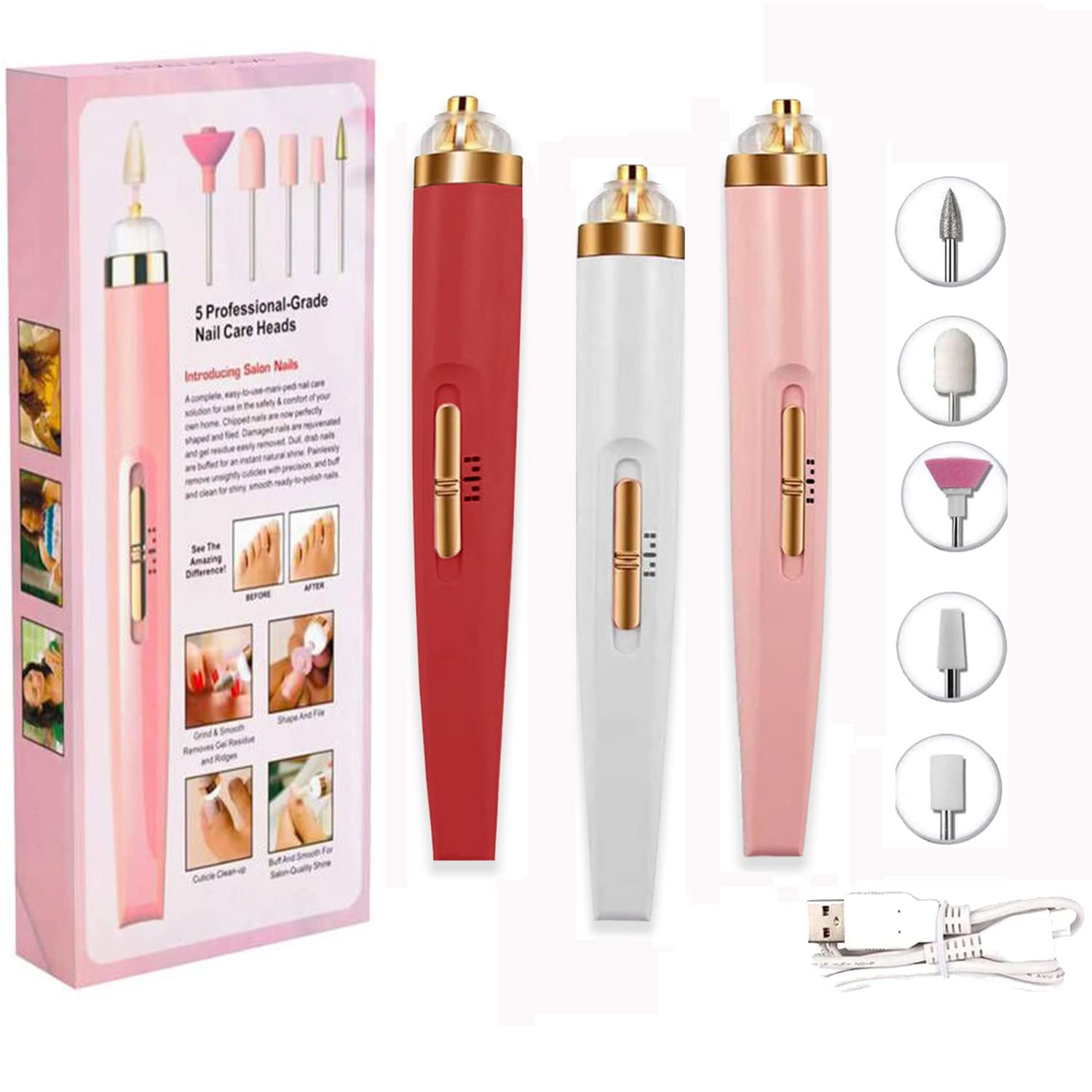 Professional Electric Nail Drill Kit - Adjustable Speed USB Rechargeable Manicure & Pedicure Tool for Acrylic/Gel Nails, 5-in-1 Portable Nail File with Multiple Bits | Perfect for Home Salon, Nail Art & Professional Nail Technicians